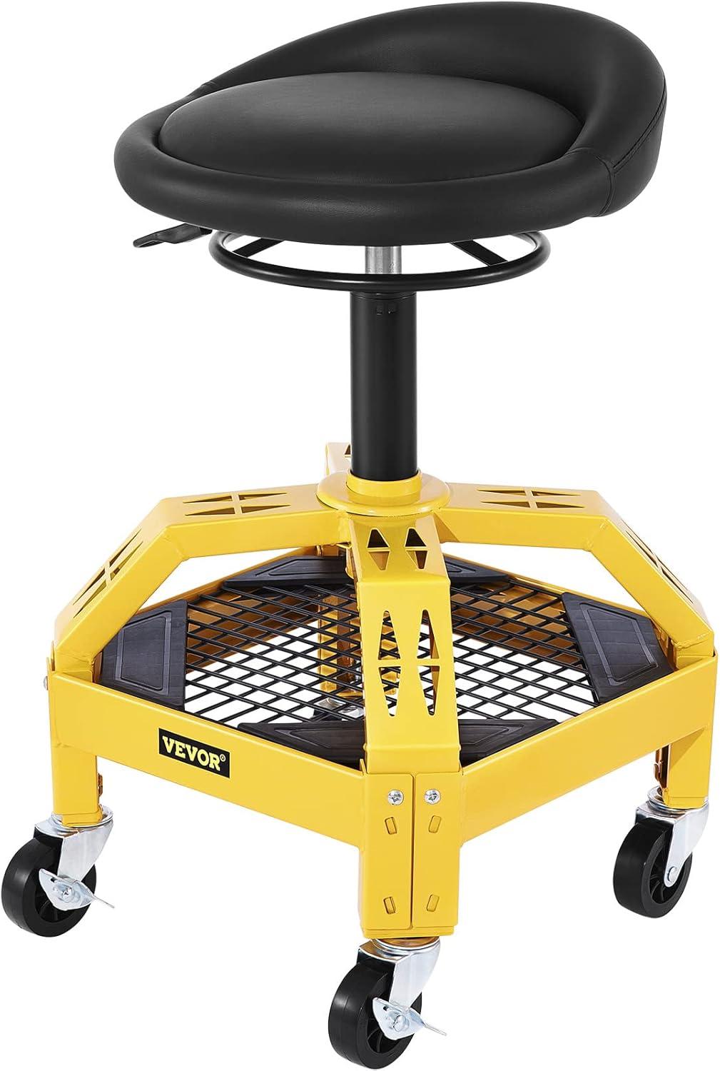 VEVORbrand Rolling Garage Stool, 300lbs Capacity, Adjustable Height from 24 in to 28.7 in, Mechanic Seat with 360-Degree Swivel Wheels and Tool Tray, for Workshop, Auto Repair Shop, Yellow