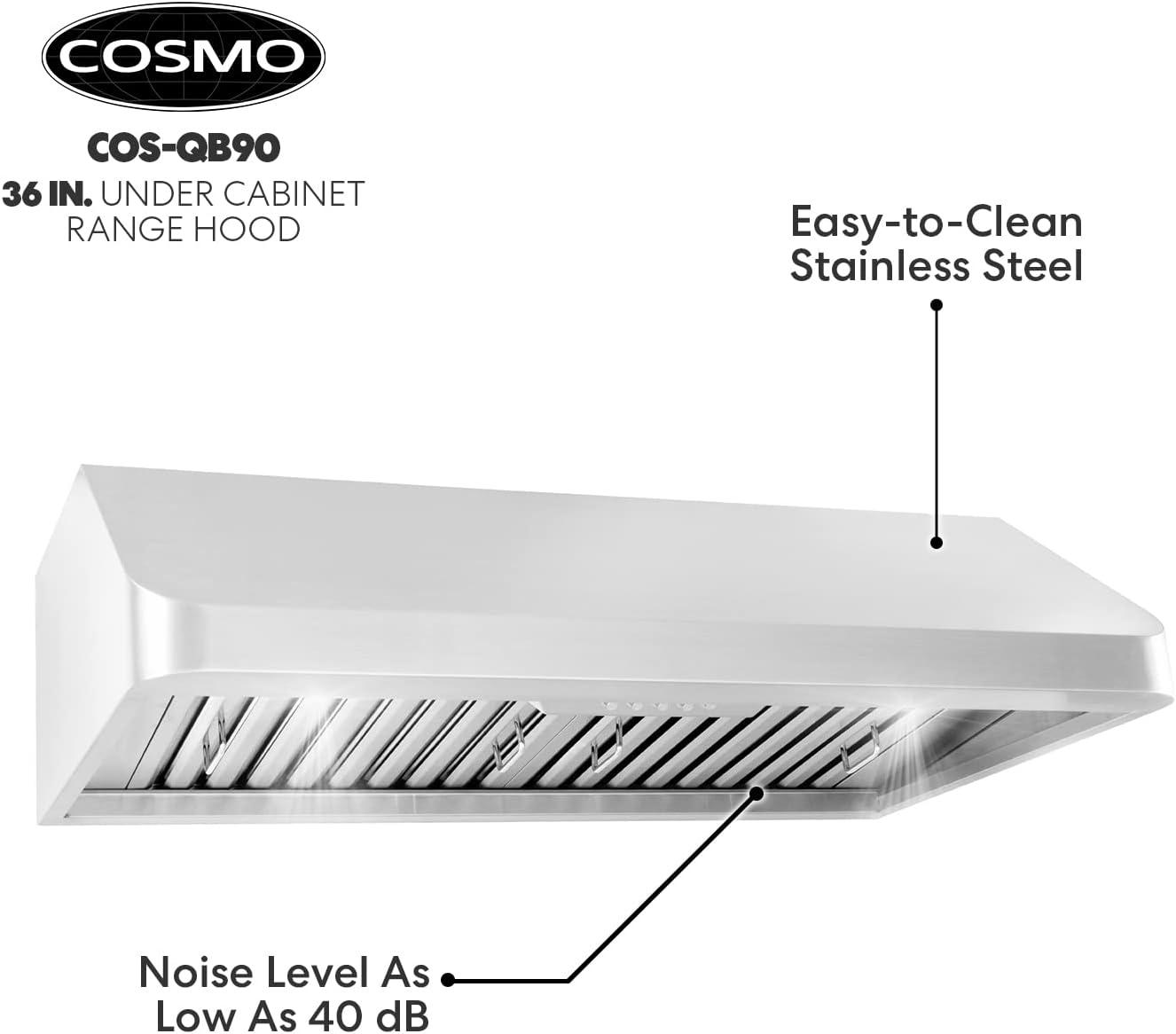 Cosmo 36 in. Ducted Under Cabinet Range Hood in Stainless Steel with Push Button Controls, Permanent Filters, LED Lights