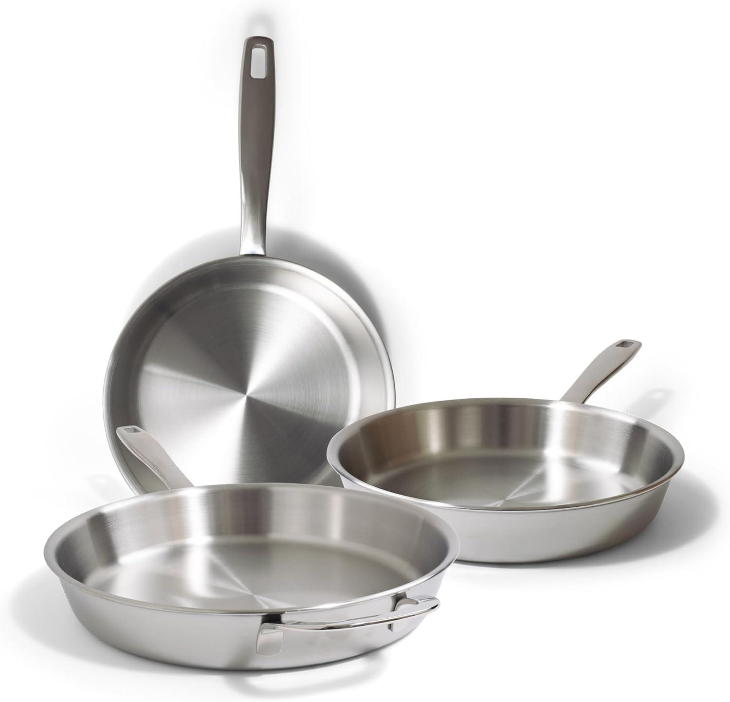 Alva Alva Maestro 3-Piece Professional 5-Ply Stainless Steel Frying Pan Set - Non-Toxic PFAS/PFOA/PTFE-Free Skillets & Cookware - Induction & All Stovetop Compatible - Oven Safe - Stay-Cool Handles