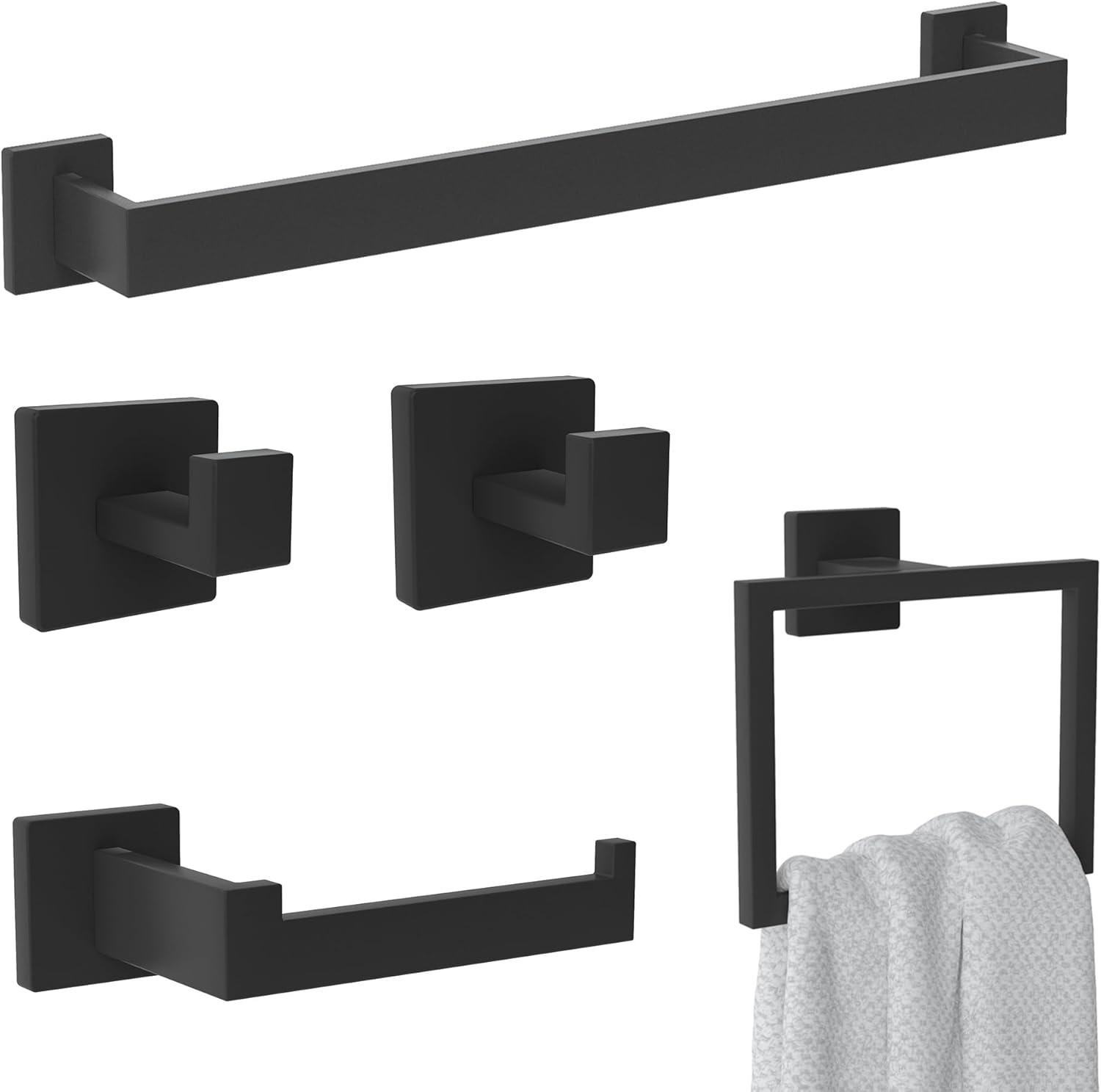 5 Pieces Square Matte Black Stainless Steel Bathroom Accessories Set Include 23.6 in Towel Bar, Toilet Paper Holder, Towel Ring, 2 Robe Towel Hooks
