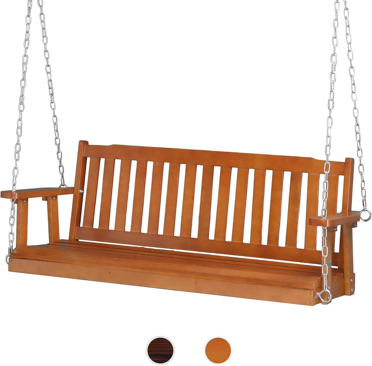 5 FT Brown Pine Outdoor Porch Swing with Adjustable Chains