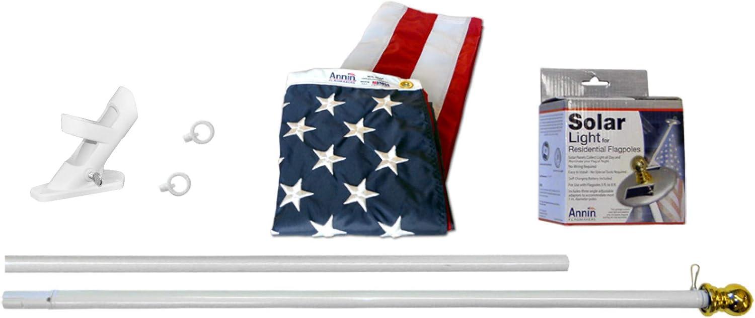 White Nylon American Flag Kit with Solar Light and Pole