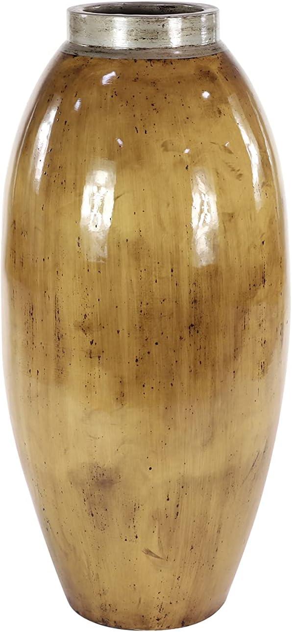 Tall Brown Ceramic Floor Vase with Silver Rim