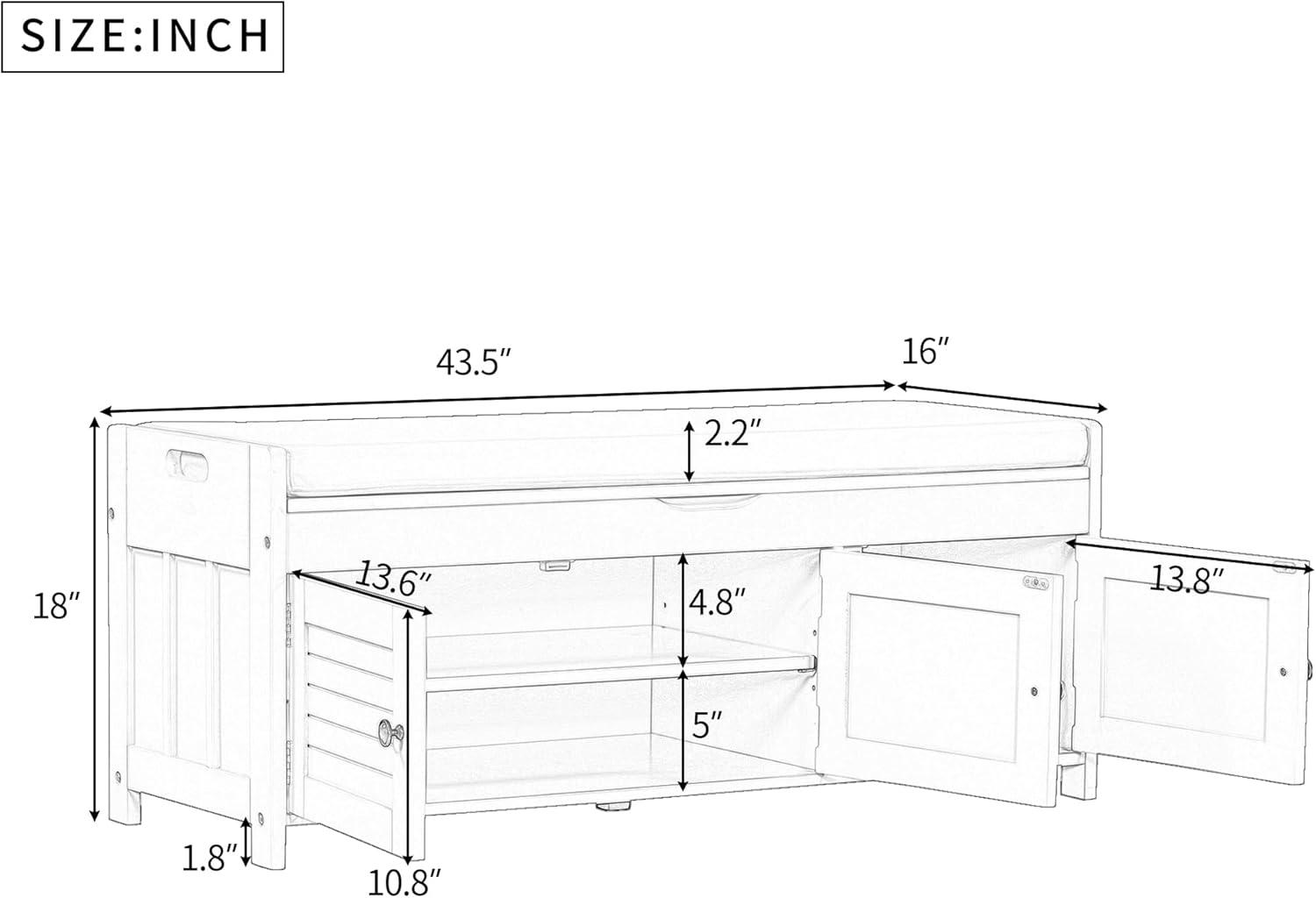 White Pine Wood Storage Bench with Removable Cushion and Shutter Doors