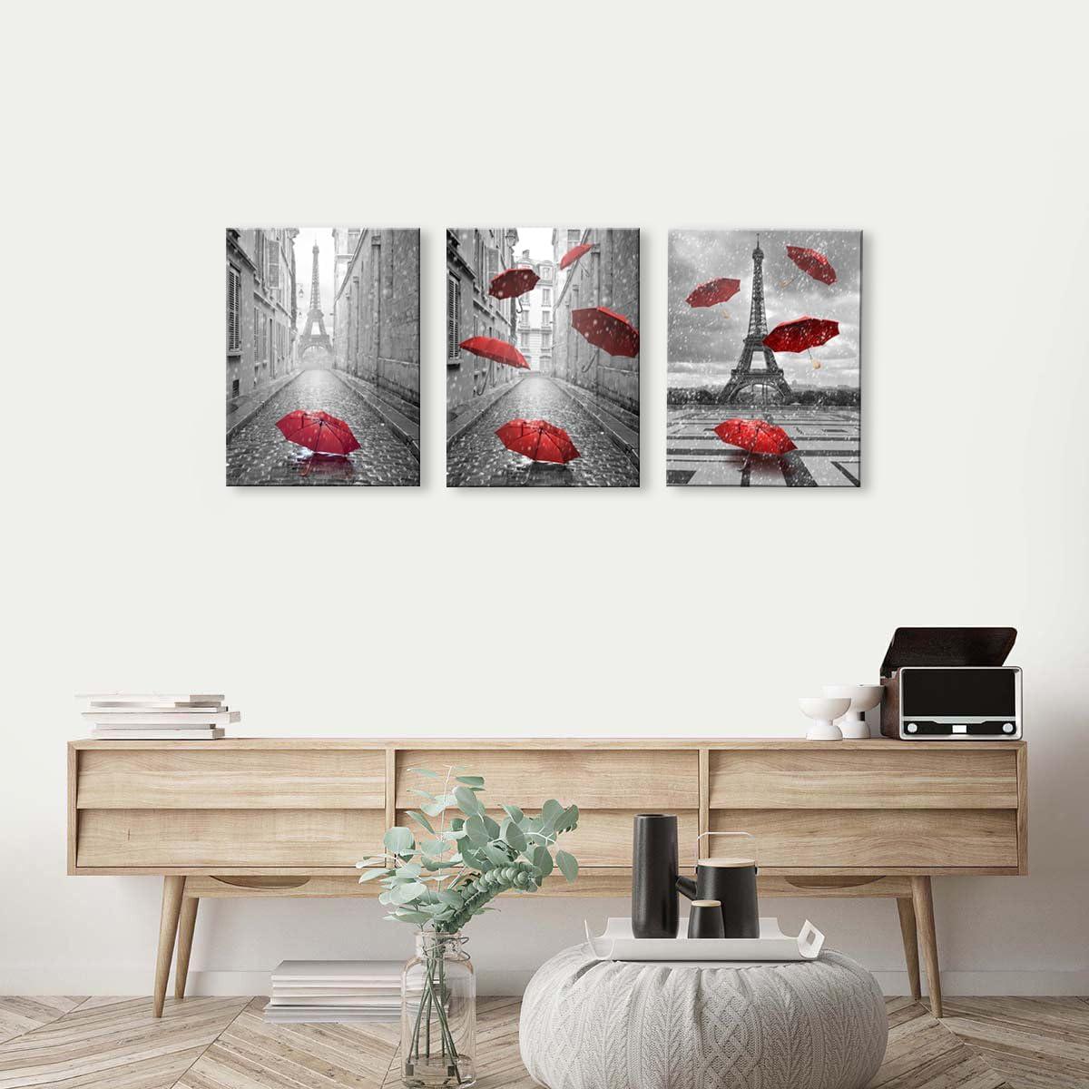 Paris Black and White Canvas with Red Umbrellas