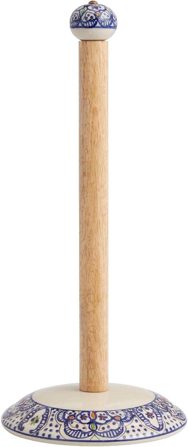 Handcrafted Blue and White Ceramic and Wood Paper Towel Holder