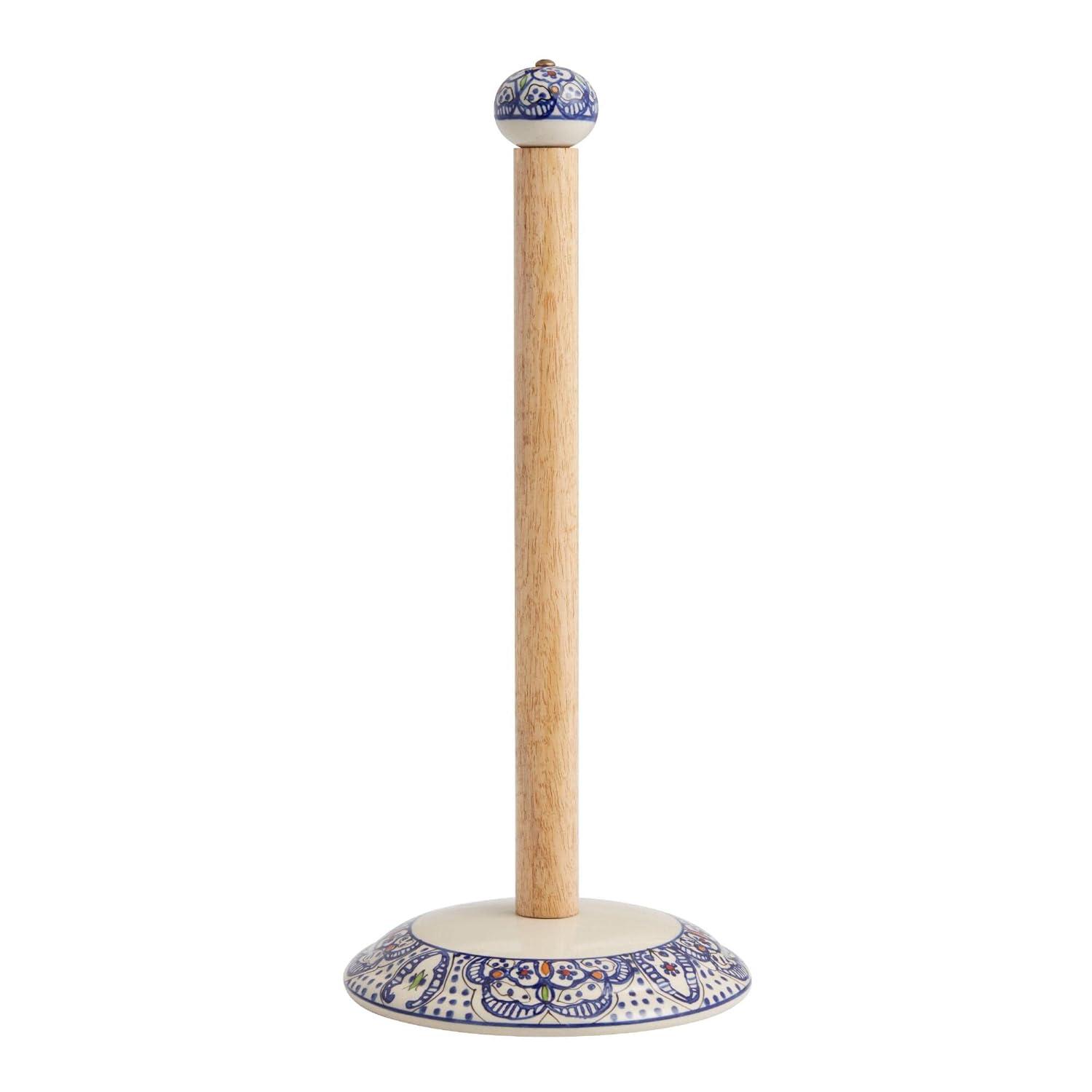 Handcrafted Blue and White Ceramic and Wood Paper Towel Holder