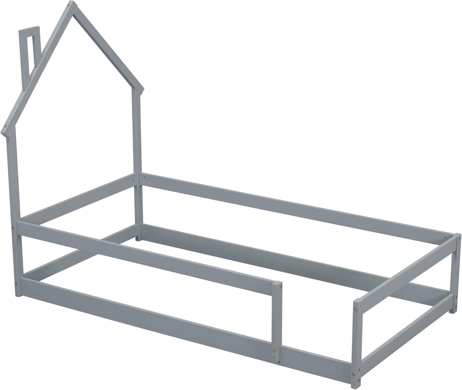 Kids Montessori Floor Bed, Twin Size Wooden Floor Bed Frame with Fences Guardrails and House Shape Headboard, Without Slats Support, Grey