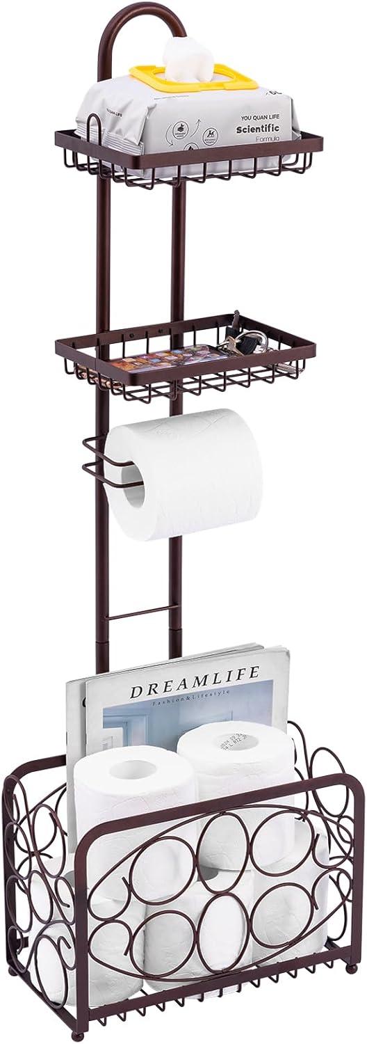 Toilet Paper Holder Tissue Rack Stand With Magazine Toilet Roll Storage Basket- Freestanding, Bronze Metal