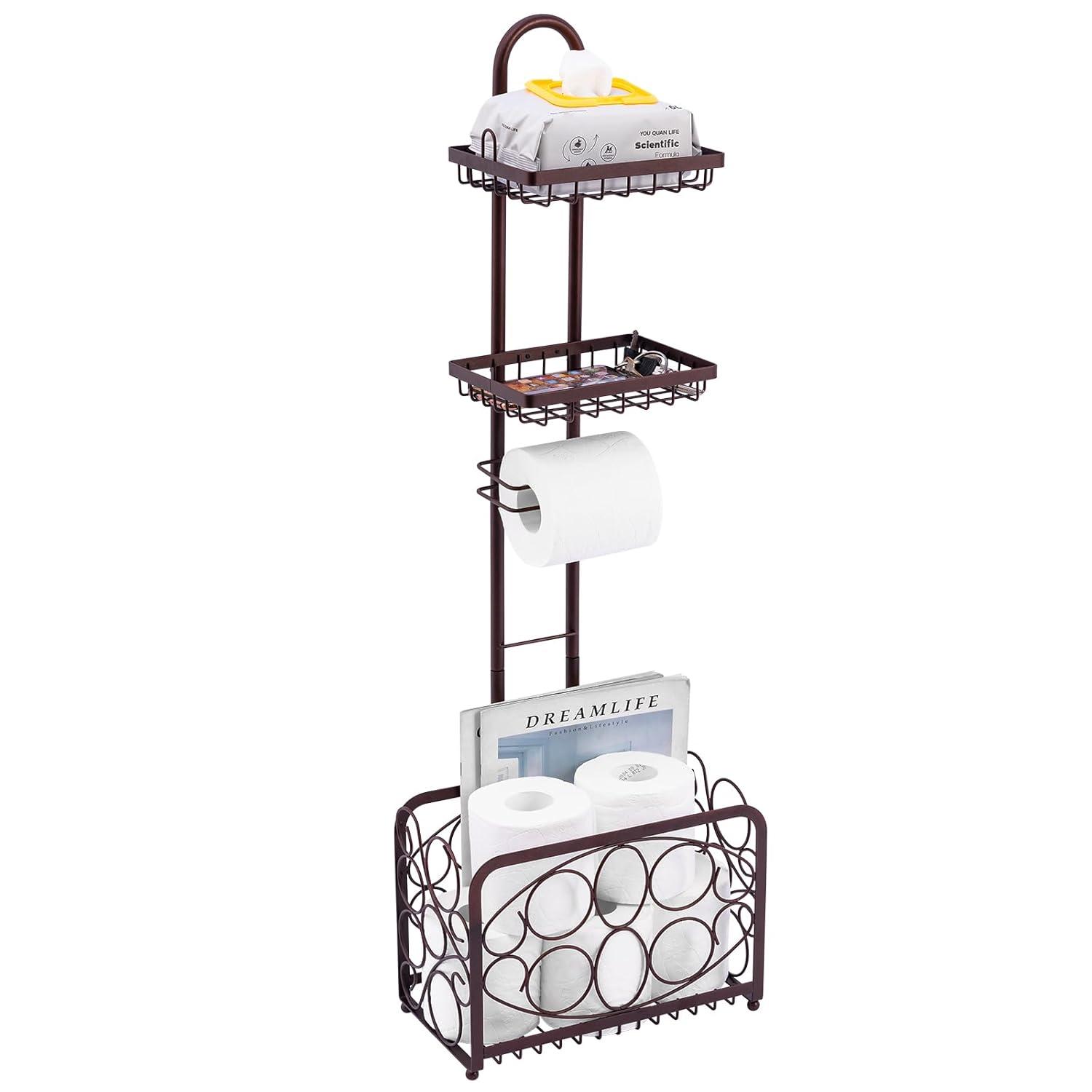 Toilet Paper Holder Tissue Rack Stand With Magazine Toilet Roll Storage Basket- Freestanding, Bronze Metal