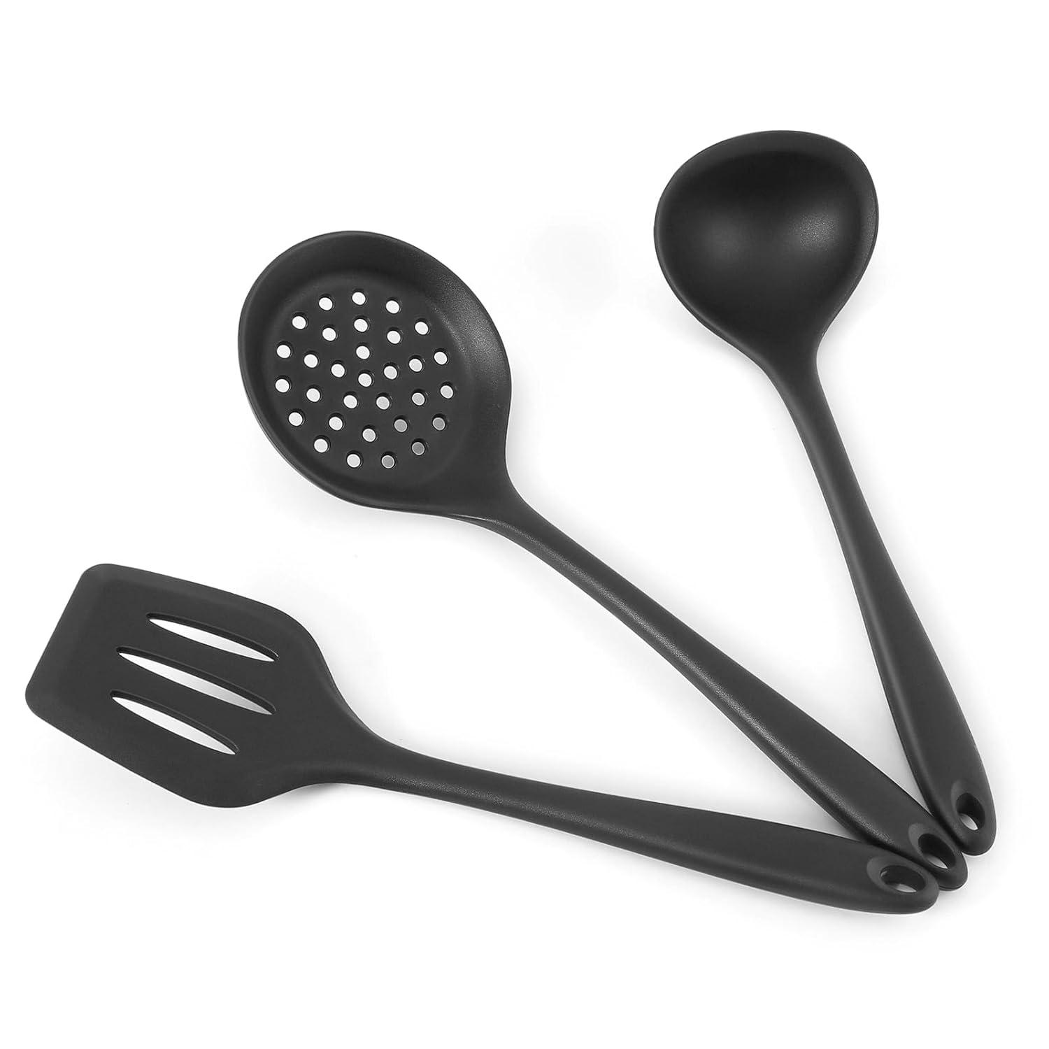 Duxtop Silicone Cooking Utensils Set 3 PCS Kitchen Utensils Set - 400 °F Heat-Resistant Utensils for Nonstick Cookware, Kitchen Cooking Tools with Turner & Ladle, Dishwasher Safe, BPA Free, Black C49