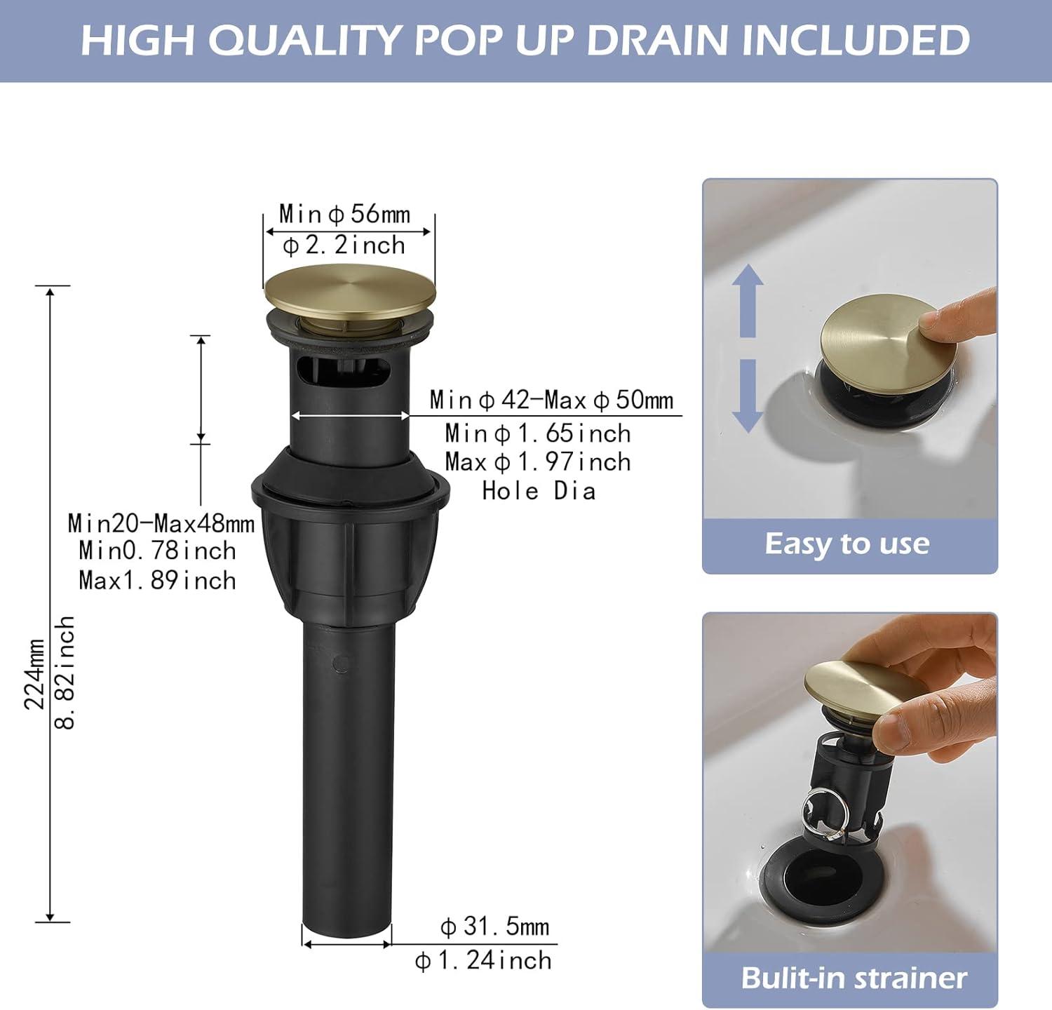 Bathroom Faucet GGStudy 360° Swivel Single-Handle One Hole Bathroom Vessel Sink Faucet Matching Pop Up Drain Brushed Gold Farmhouse Bathroom Vanity Faucet