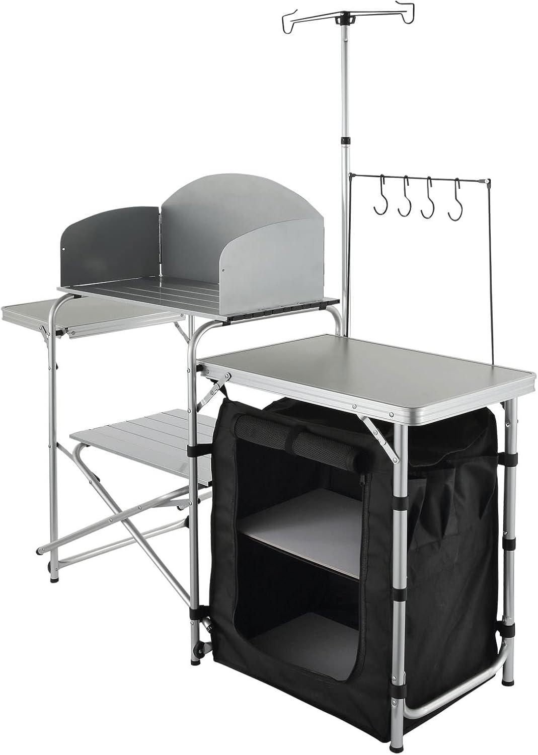 Black Aluminum Folding Camping Kitchen Table with Storage and Windscreen