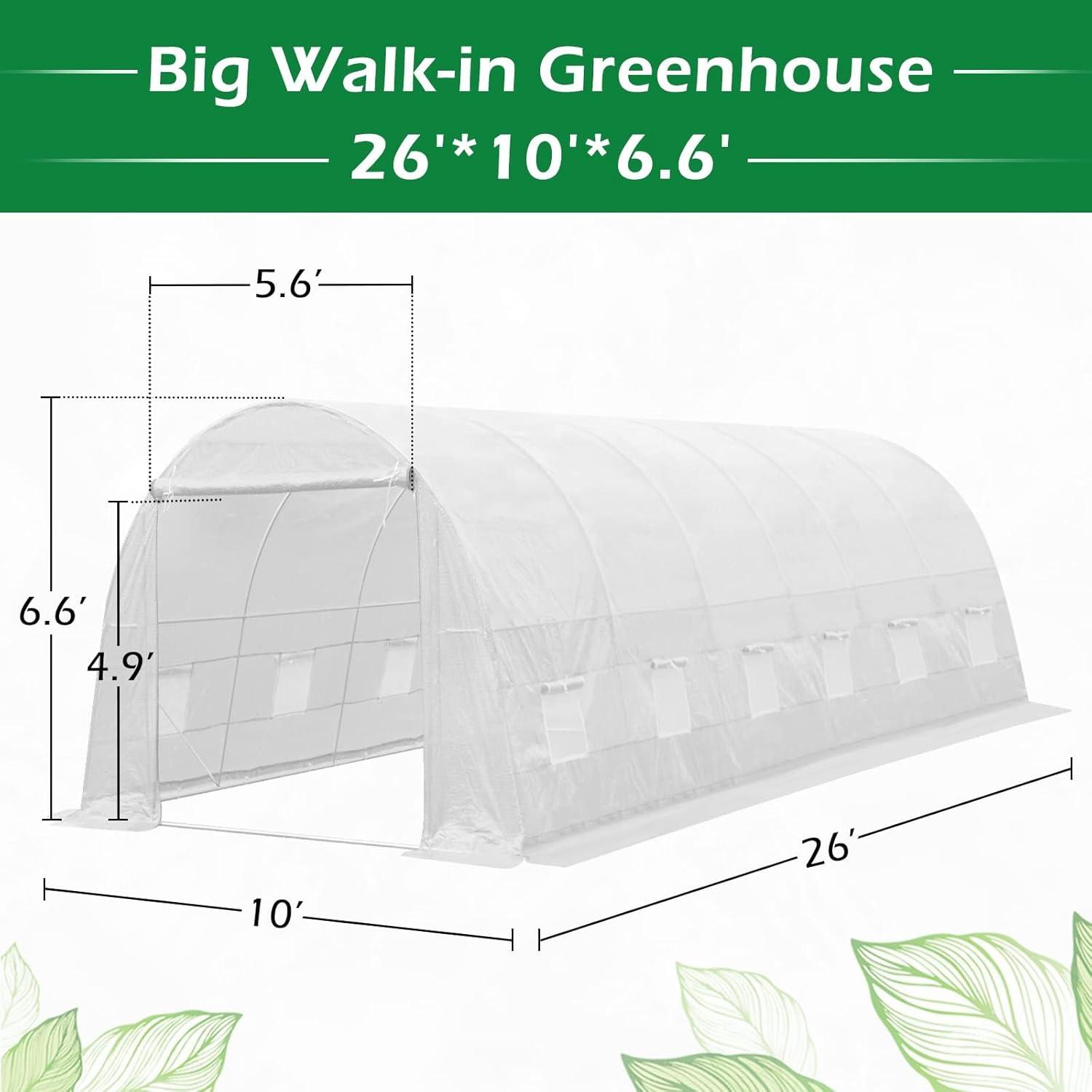 Erommy  26' x 10' x 7' Greenhouse Large Gardening Plant Hot House Portable Walking in Tunnel Tent, White - 10' x 26'