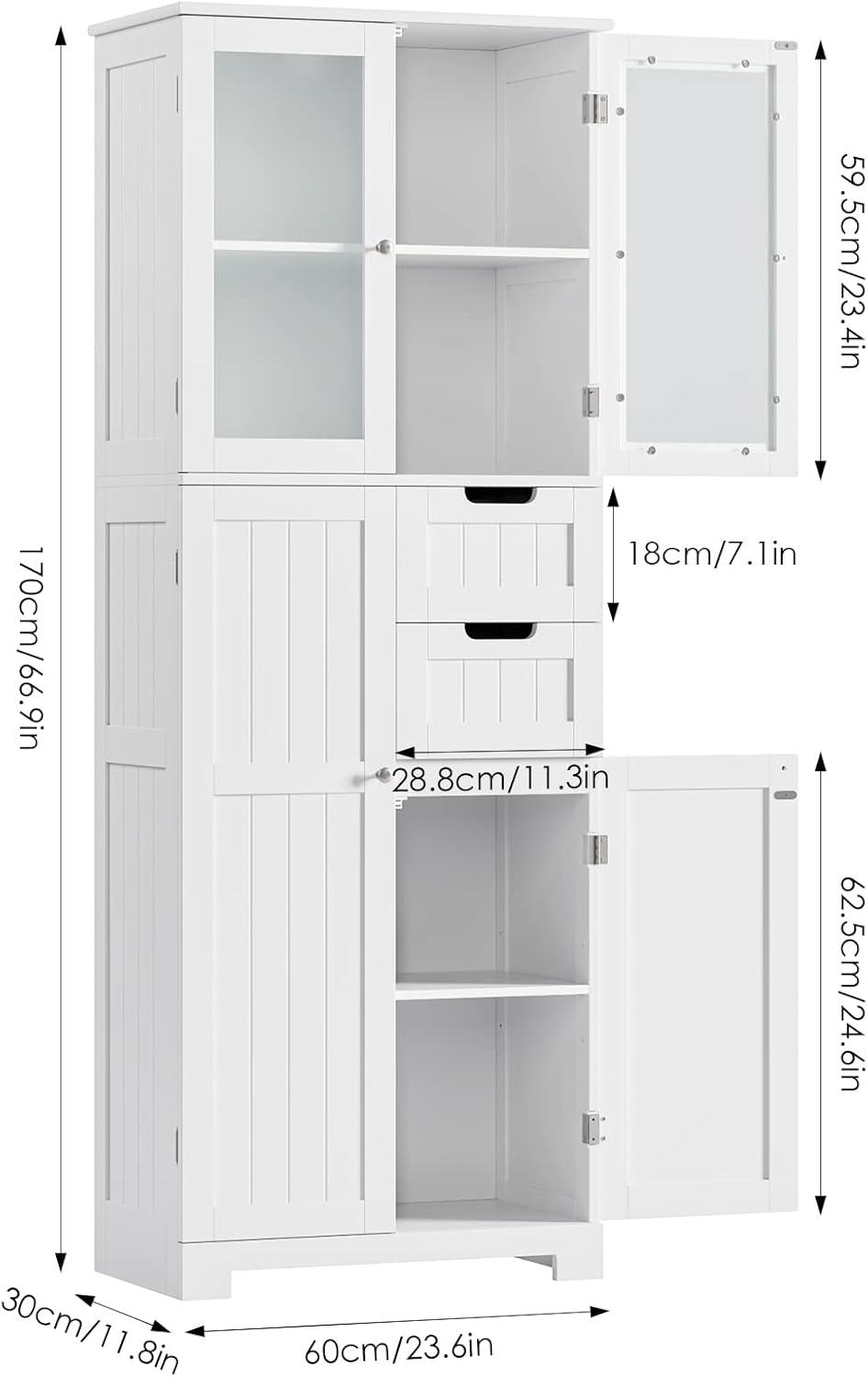 67'' Tall Storage Cabinet, Bathroom Storage Cabinet with Glass Doors and Shelves, Kitchen Pantry Cabinet with 2 Drawers for Bathroom, Living Room, Kitchen, White