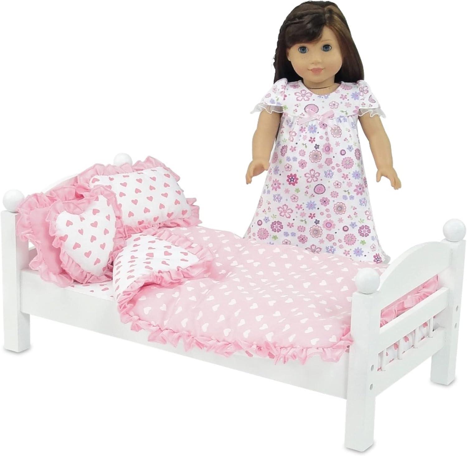 Emily Rose 18-Inch Doll Reverisble Pink Hearts 5-PC Bedding Bundle Set for Toy Beds Bunks Cribs & Cradles | Fits 15" - 18" Doll Bunkbeds - Blanket Pillows Accessories Bed Playset | USA Business
