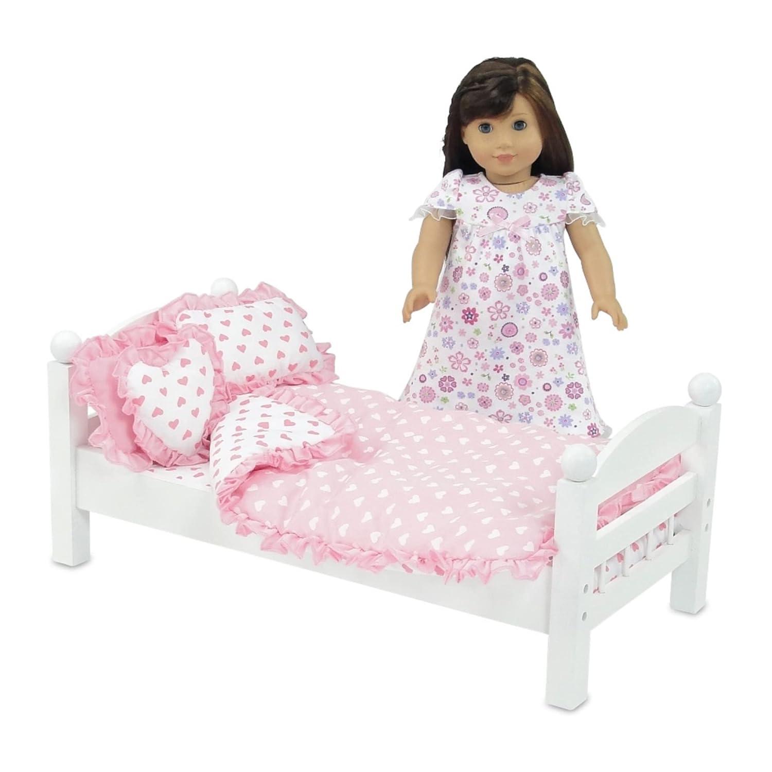 Emily Rose 18-Inch Doll Reverisble Pink Hearts 5-PC Bedding Bundle Set for Toy Beds Bunks Cribs & Cradles | Fits 15" - 18" Doll Bunkbeds - Blanket Pillows Accessories Bed Playset | USA Business
