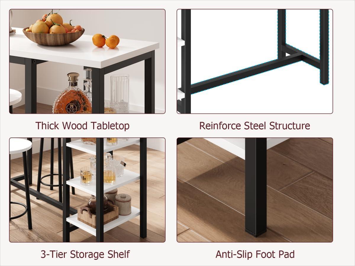 White and Black MDF and Metal Pub Table Set with Shelves