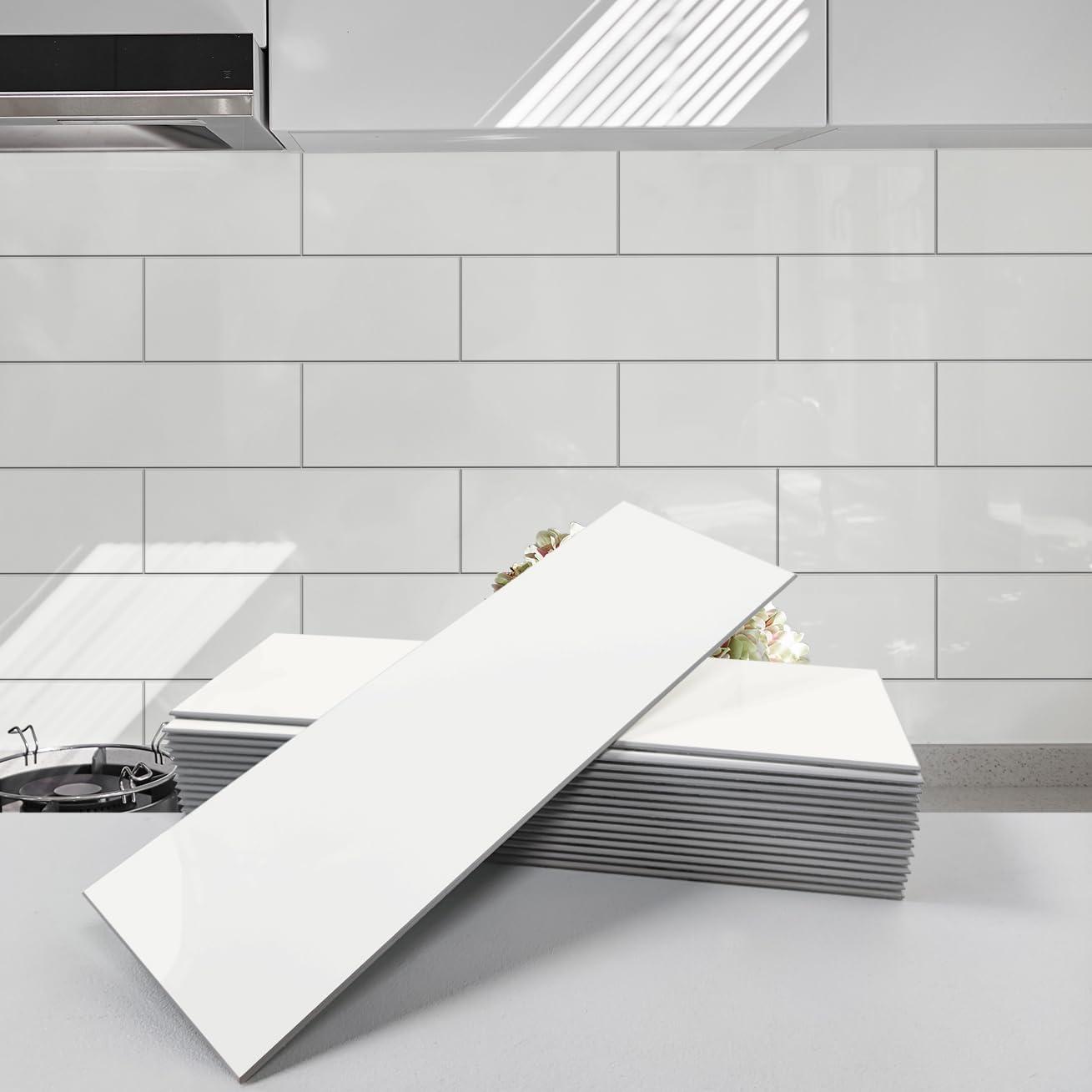 Avant Decor | 24 Stone Composite Subway Texture Tiles | Peel and Stick Kitchen Backsplash | 4" x 12" | Bex Metro Glossy Alpine | 8 sqft