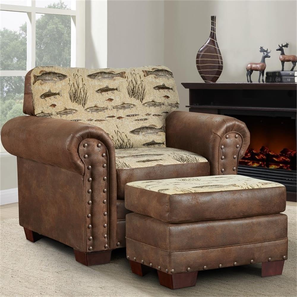 Brown Microfiber and Wood Accent Chair with Ottoman