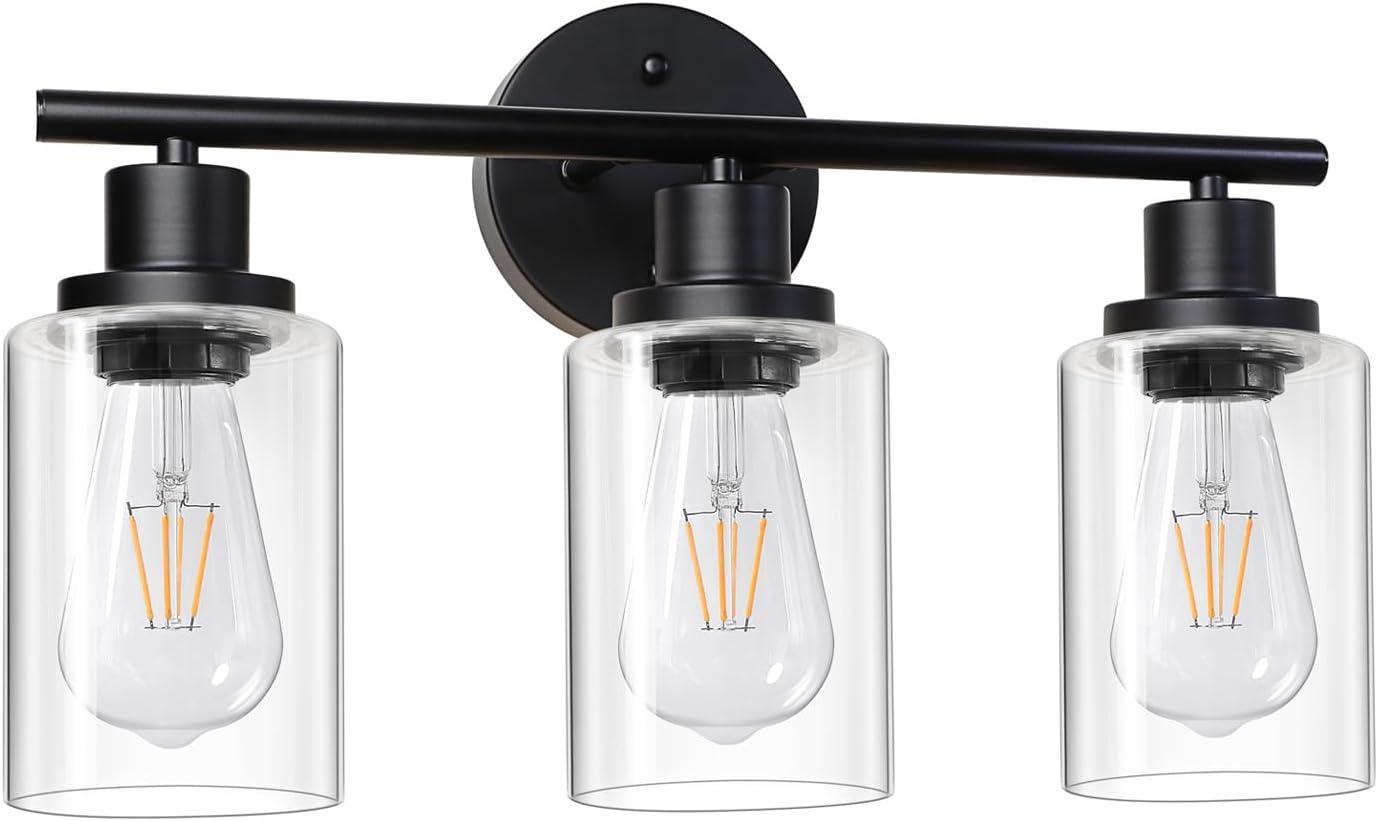 Modern Black 3-Light Vanity Fixture with Clear Glass Shades