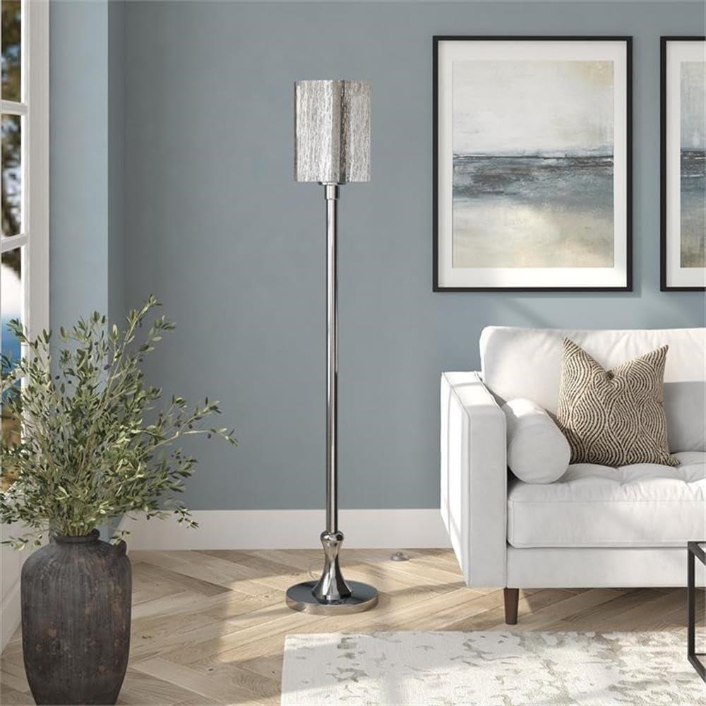Evelyn&Zoe Numit 68.75" Tall Floor Lamp with Glass Shade, Brushed Nickel/Mercury Glass