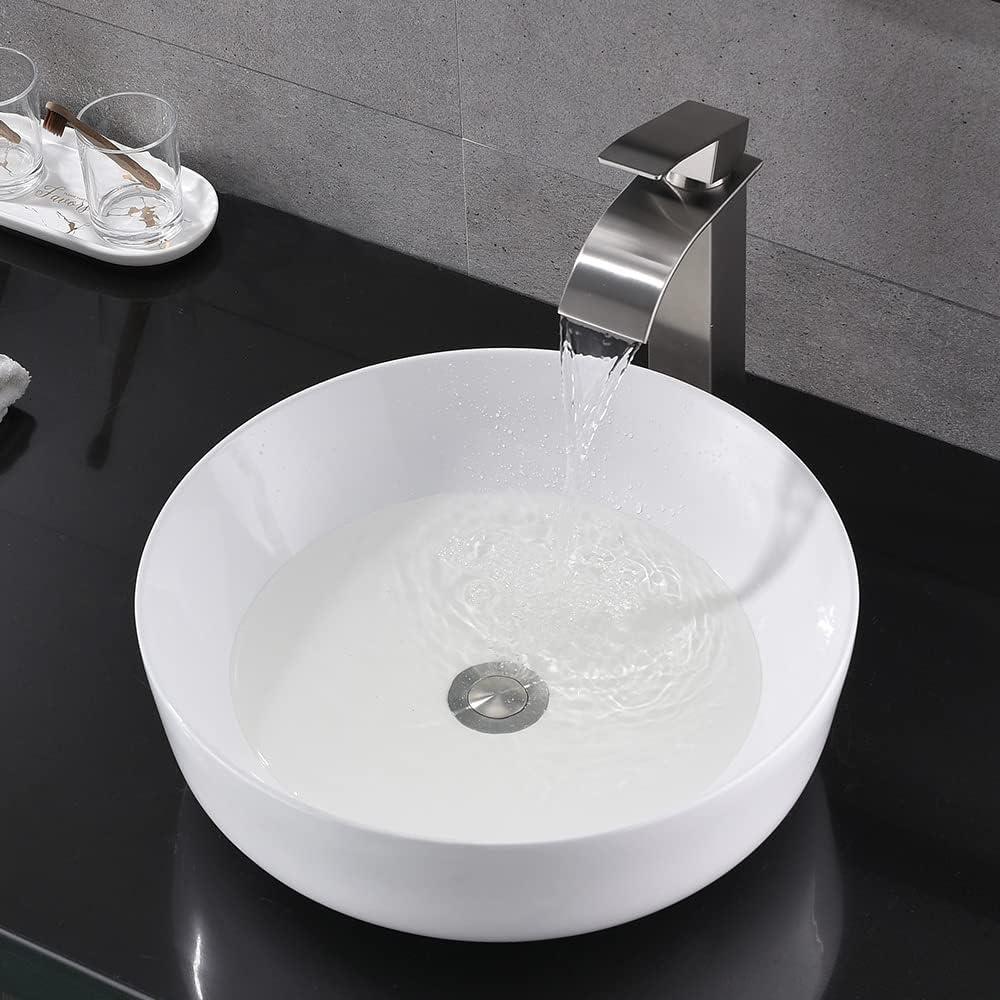 Round White Ceramic Above-Counter Vessel Sink with Faucet