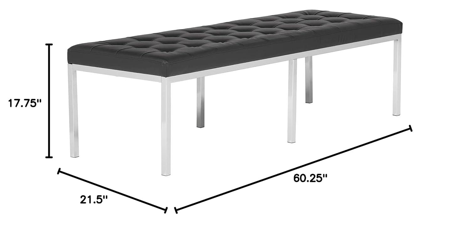 Lintel 60'' Ebony Bonded Leather Tufted Bench with Chrome Finish