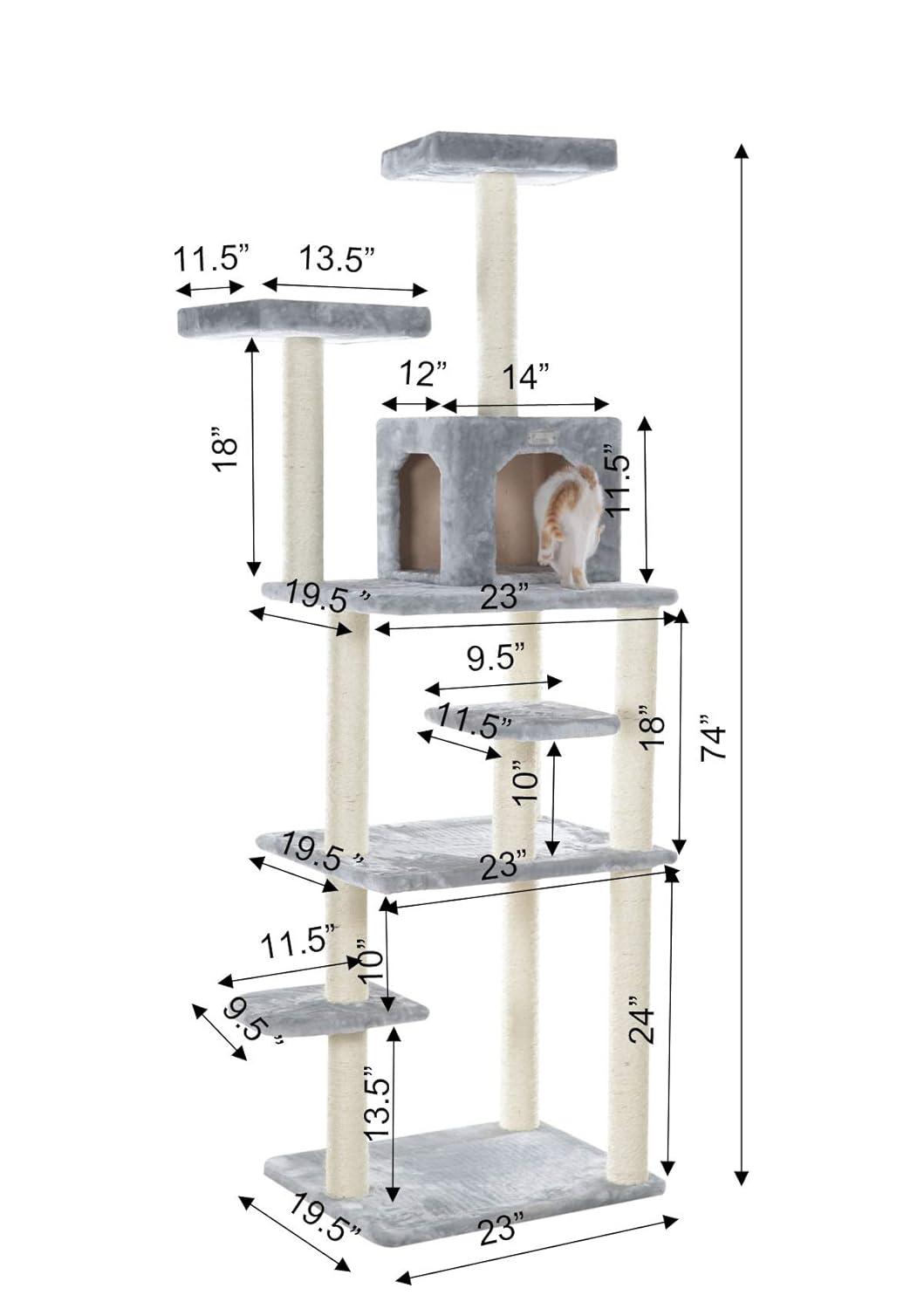 GleePet GP787408 74-Inch Real Wood Cat Tree With Seven Levels, Beige/Silver Gray