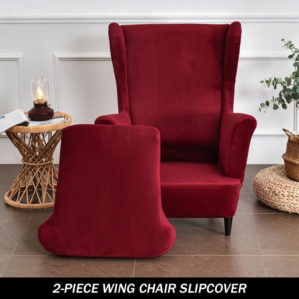 Wing Chair Slipcovers, 2 Piece Stretch Wingback Chair Cover Soft Velvet Armchair Covers with Elastic Bottom for Living Room Bedroom (Wine red)