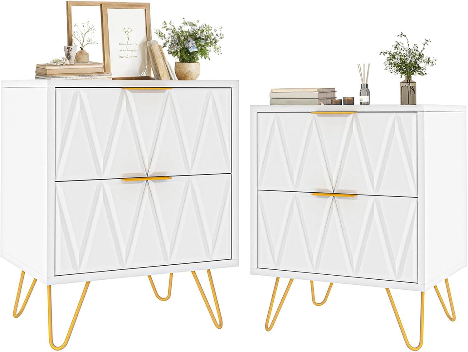 White and Gold Nightstand Set of 2,Modern Bedside Table with 2 Drawer for Bedroom,End Side Table with Gold Legs for Living Room,White Night Stand Set 2 for Bedroom