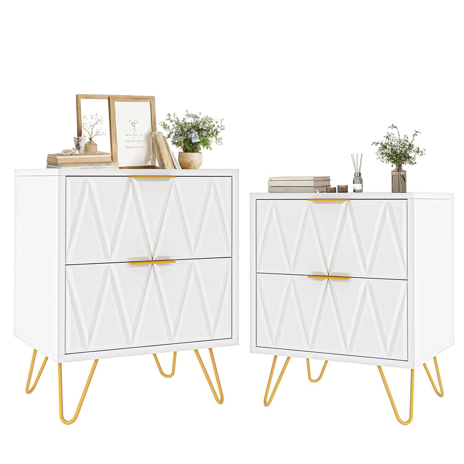 White and Gold Nightstand Set of 2,Modern Bedside Table with 2 Drawer for Bedroom,End Side Table with Gold Legs for Living Room,White Night Stand Set 2 for Bedroom
