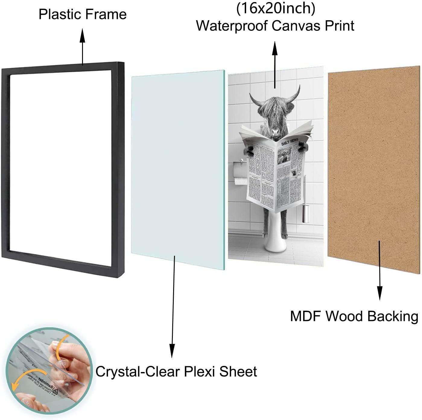 Modern Black Framed Highland Cow Wall Art Minimalist Bathroom Wall Decor Cute Funny Animals Artwork Canvas Prints Ready to Hang for Guest Bathroom, Hotel, Condo, Kids Bathroom, 12”x16”