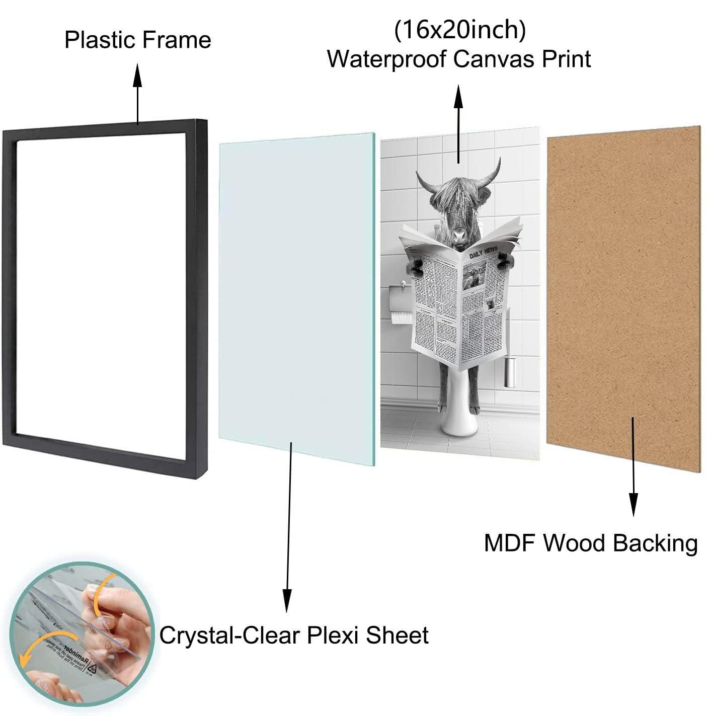 Modern Black Framed Highland Cow Wall Art Minimalist Bathroom Wall Decor Cute Funny Animals Artwork Canvas Prints Ready to Hang for Guest Bathroom, Hotel, Condo, Kids Bathroom, 12”x16”