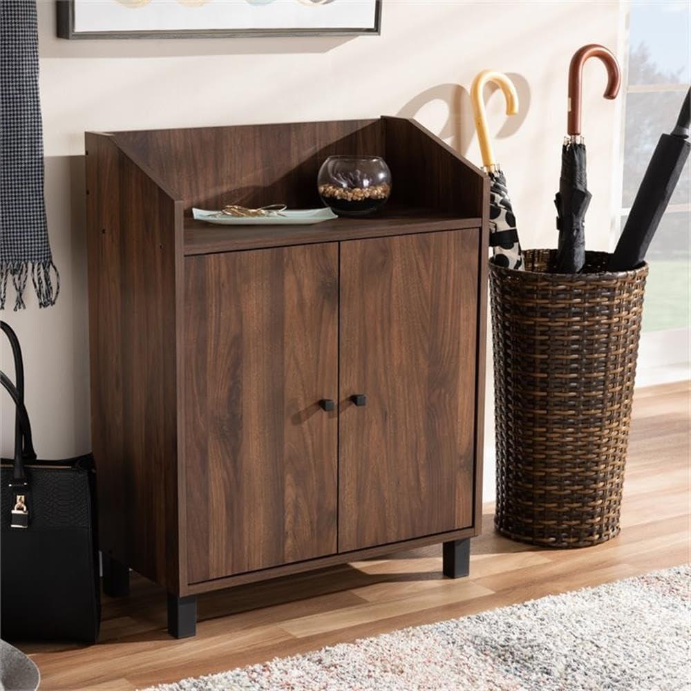 Baxton Studio Rossin Walnut Finished 2 Door Wood Entryway Shoe Storage Cabinet with Open Shelf Brown: Freestanding Organizer, Holds 8 Pairs