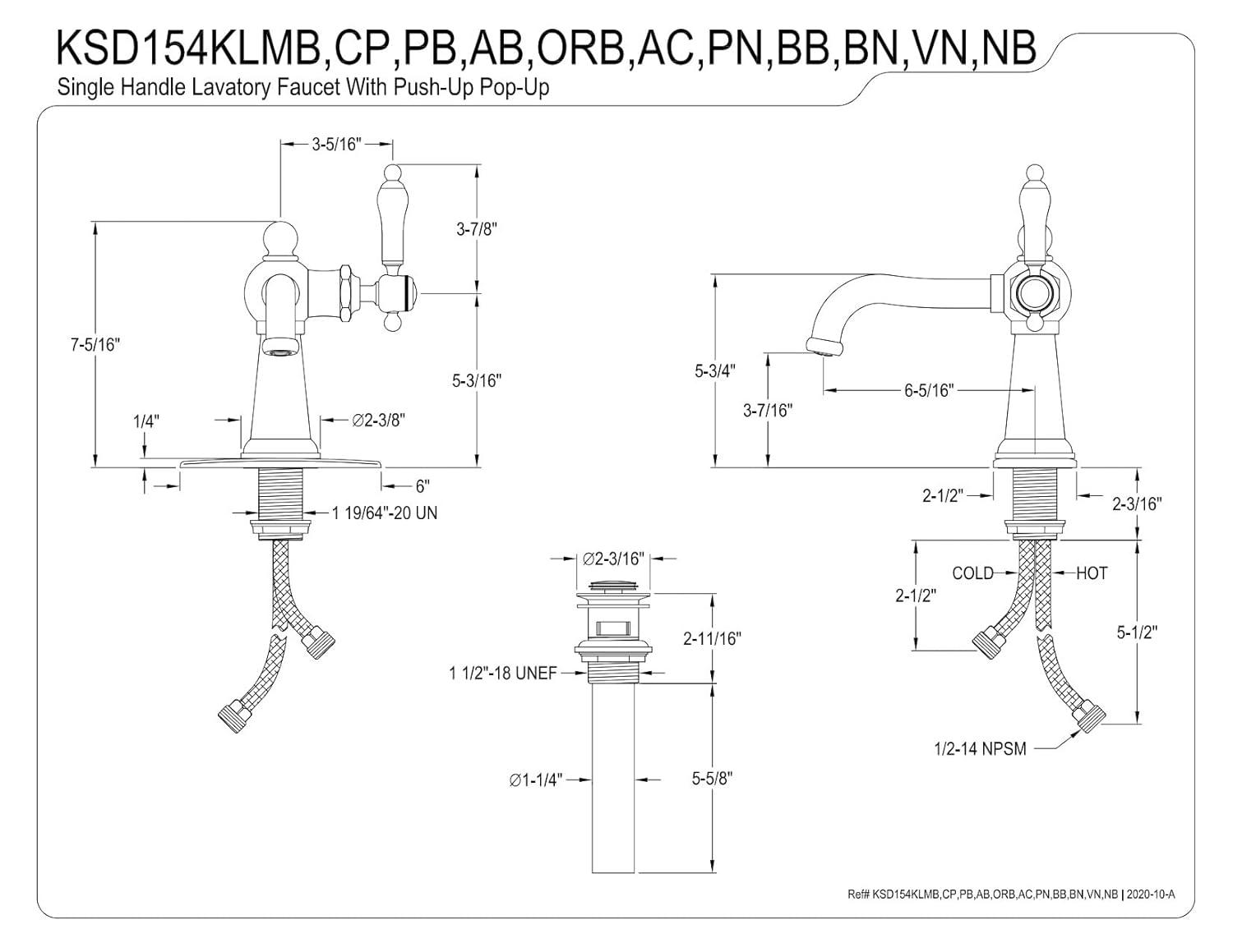 Kingston Brass KSD154KLBB Kingston Brass Nautical Single-Handle 1-Hole Deck Mount Bathroom Faucet with Push Pop-Up and Deck Plate