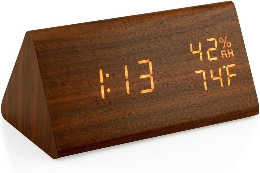Digital Alarm Clock, with Wooden Electronic LED Time Display, Alarm Settings, Humidity & Temperature Detect, Wood Made Electric Clocks for Bedroom, Bedside,brown，G169865