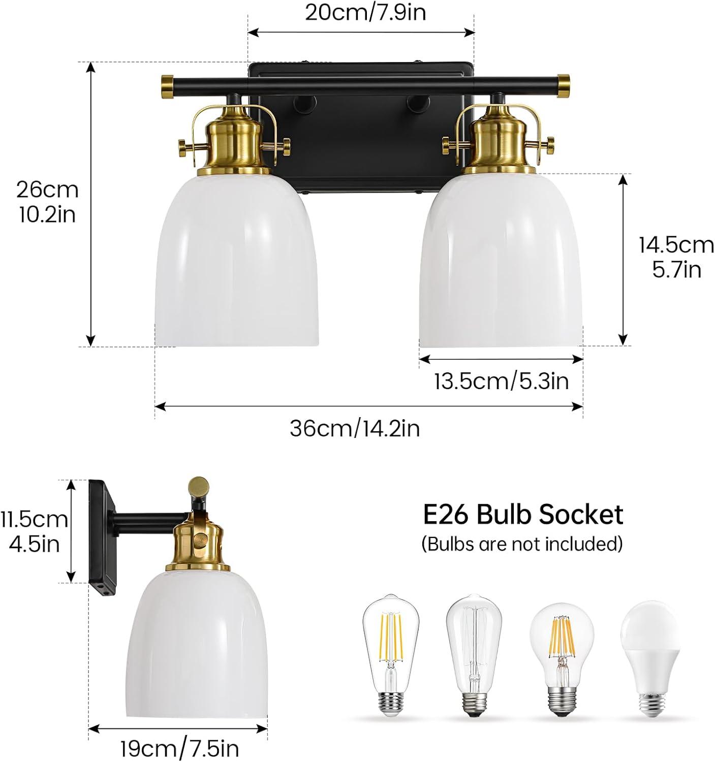 14-Inch Black and Gold Metal Vanity Light with White Glass Shades