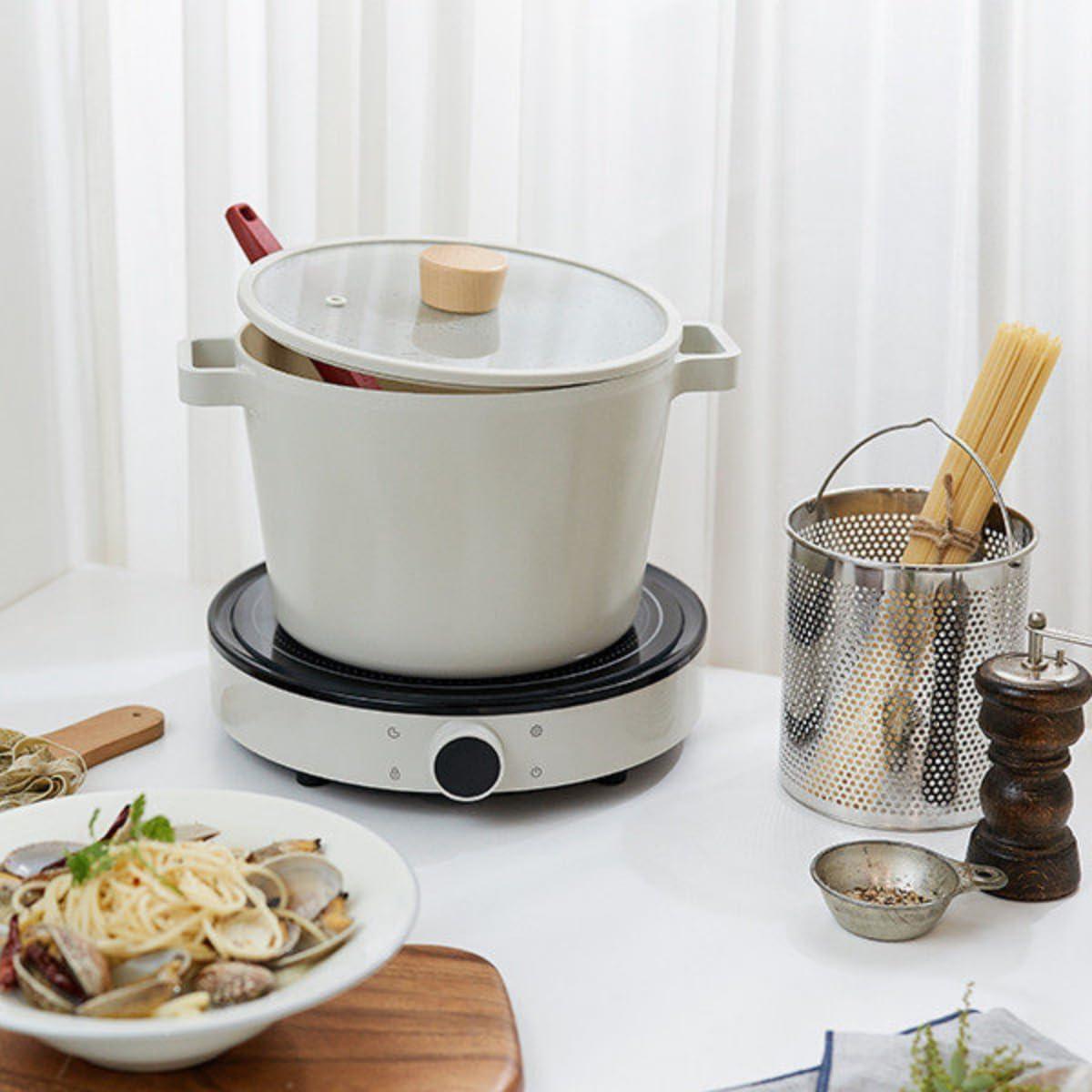 Neoflam Fika 4.9qt Deep Stock Pot with Glass Lid and Wood Knob, Made in Korea (22cm)