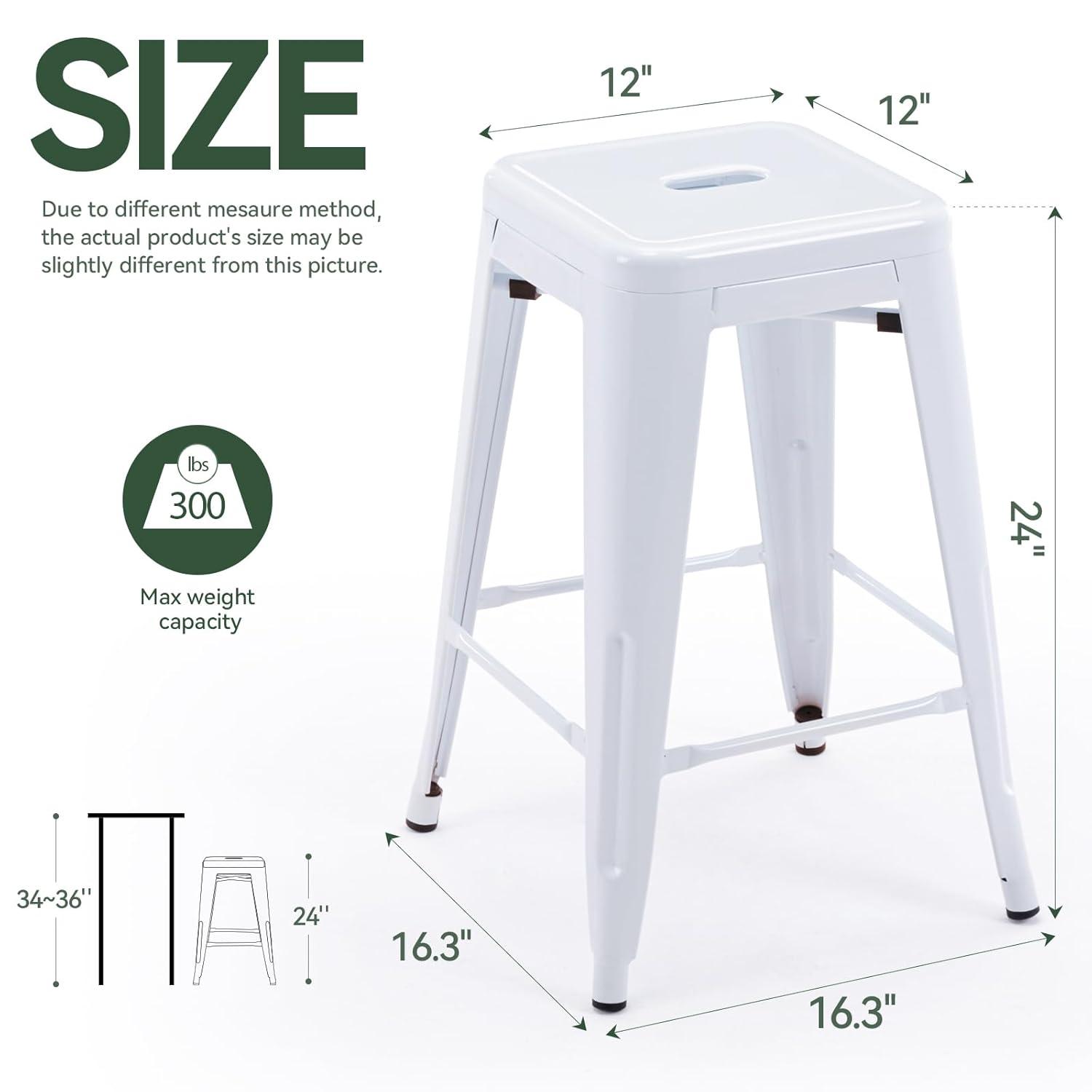 BestMassage Set of 4 Stackable Metal Bar Stools 24 Inch Counter Barstool Height Backless, White