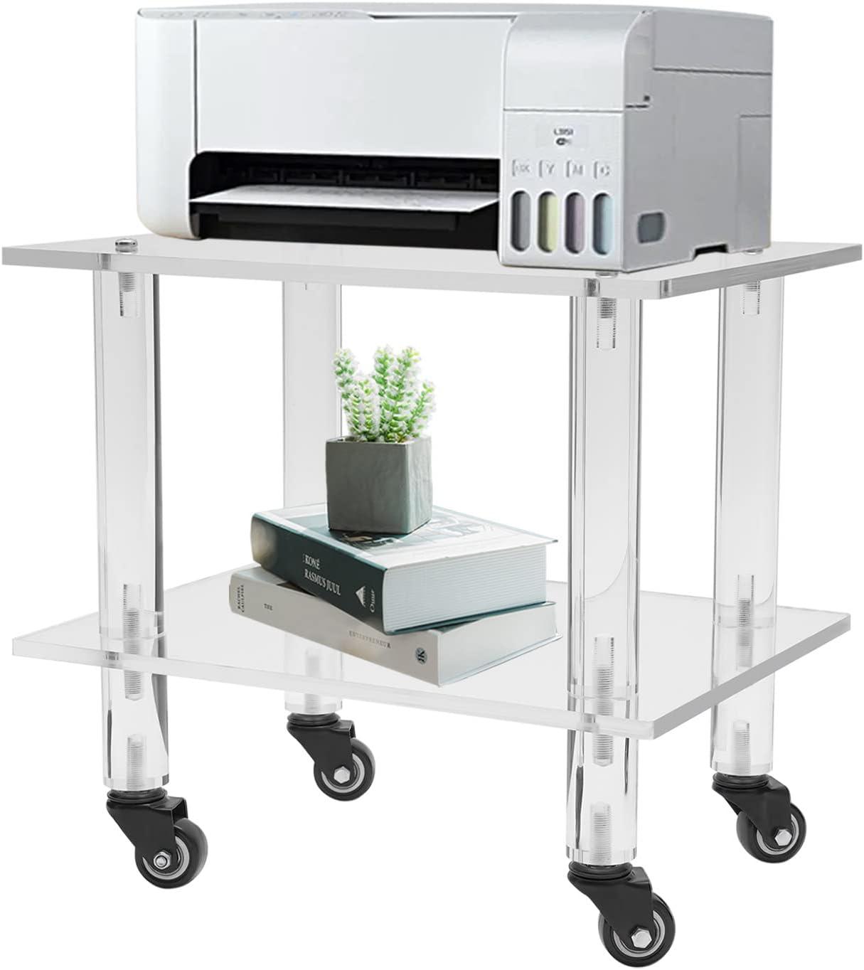 2-Tier Rolling Under Desk Printer Stand Cart with Storage Shelves, Clear Acrylic Printer Rack with Wheels for Home, Office 11.8 Width