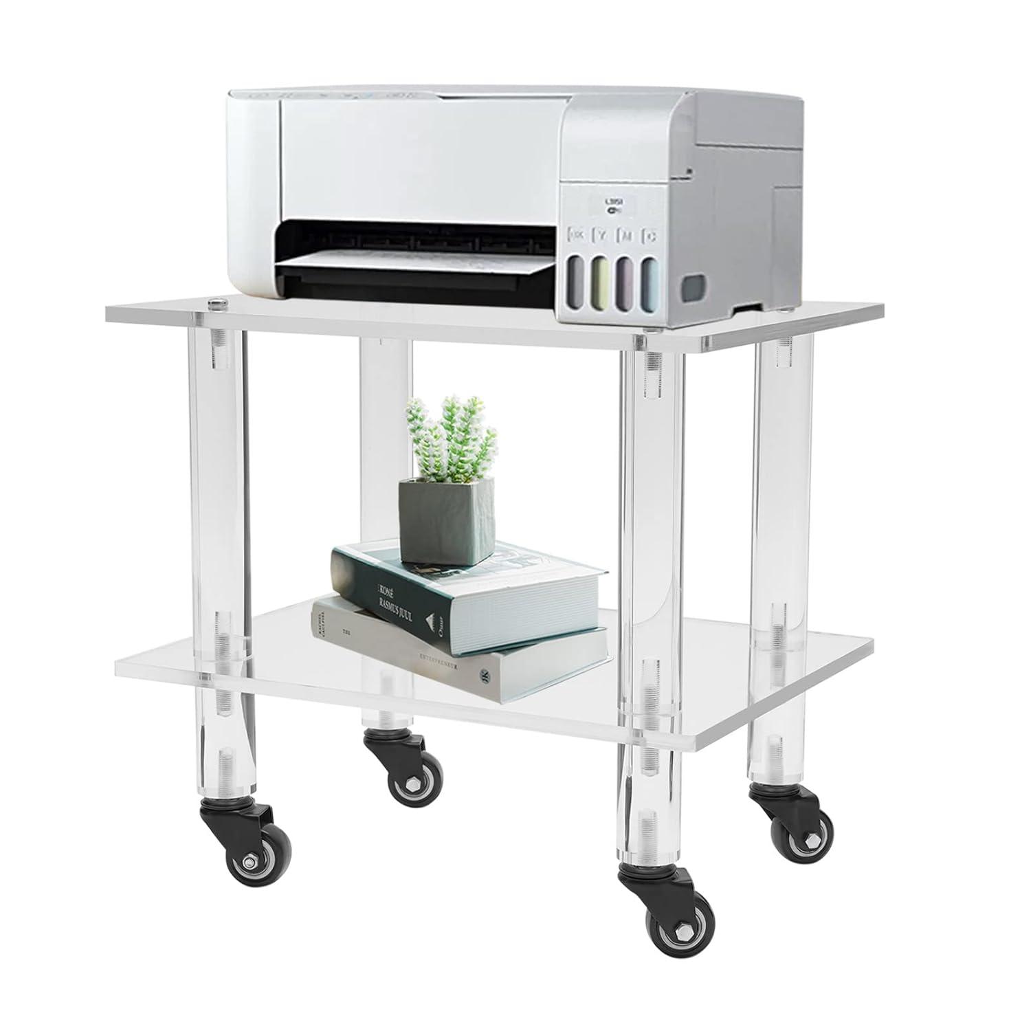 2-Tier Rolling Under Desk Printer Stand Cart with Storage Shelves, Clear Acrylic Printer Rack with Wheels for Home, Office 11.8 Width