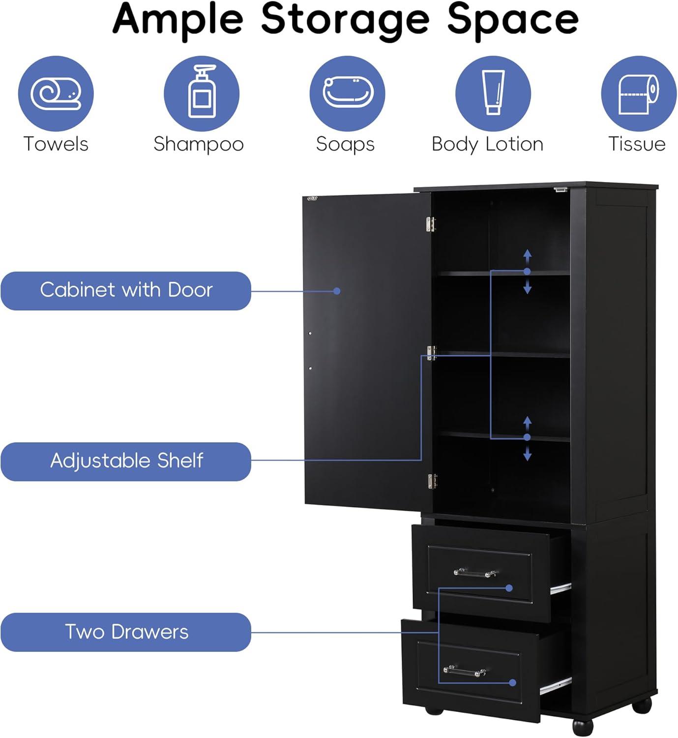 Black Tall Bathroom Storage Cabinet with Drawers and Dividers