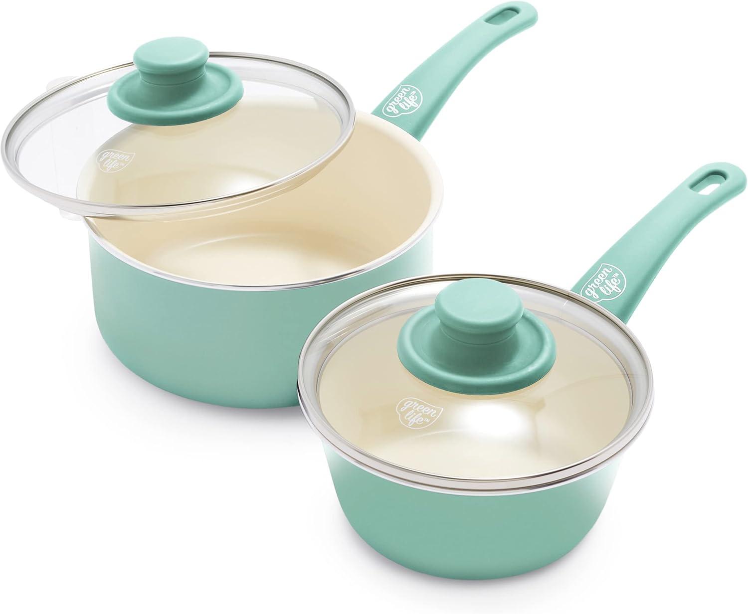 GreenLife GreenLife Soft Grip Healthy Ceramic Nonstick, 1QT And 2QT Saucepan Pot Set With Lids, Dishwasher Safe