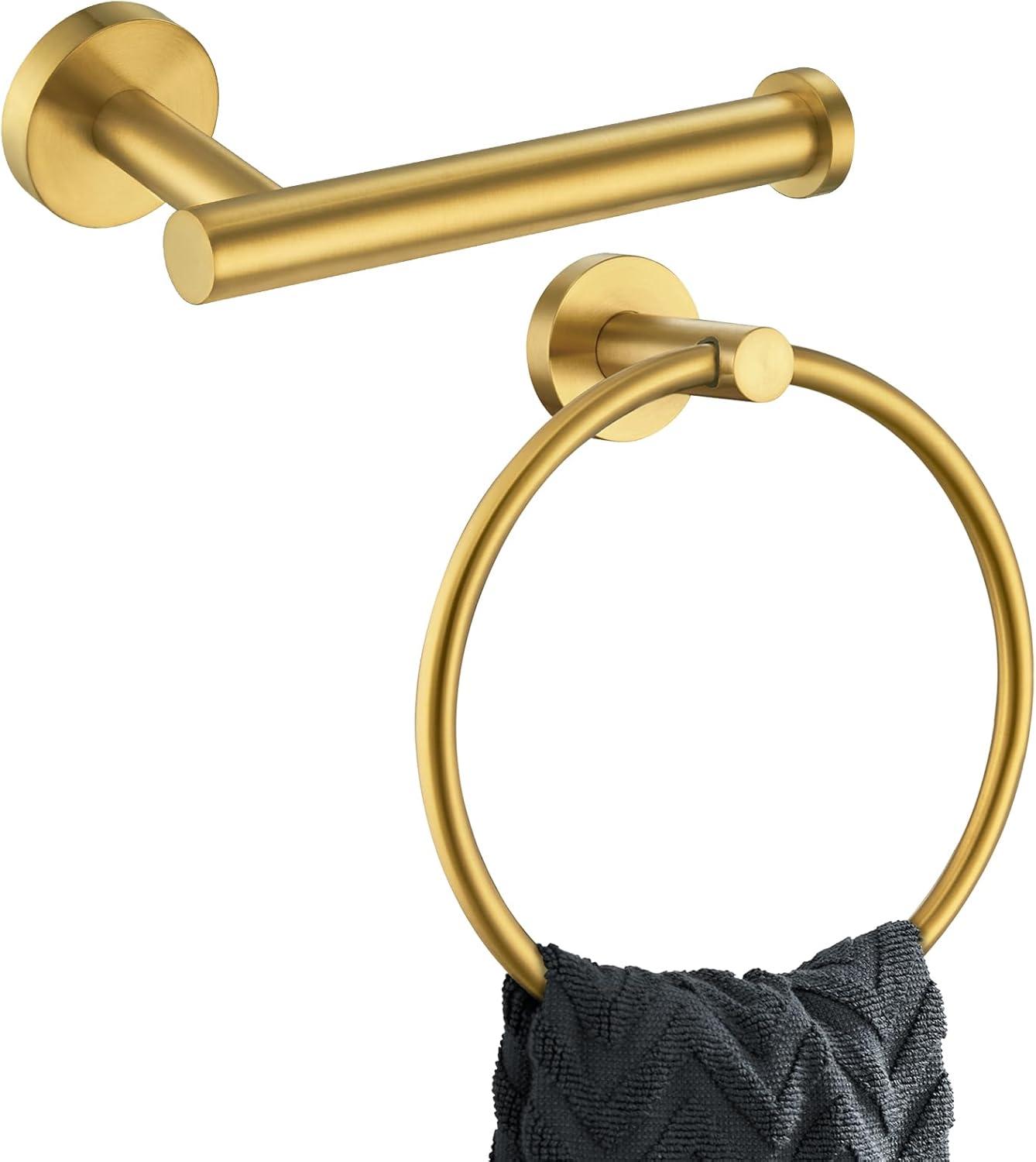 Chihod Toilet Paper Holder & Towel Ring Brushed Gold Hand Towel Holder 2-Pieces Bathroom Accessories Towel Rack Wall Mounted Bathroom Hardware Set Stainless Steel C38