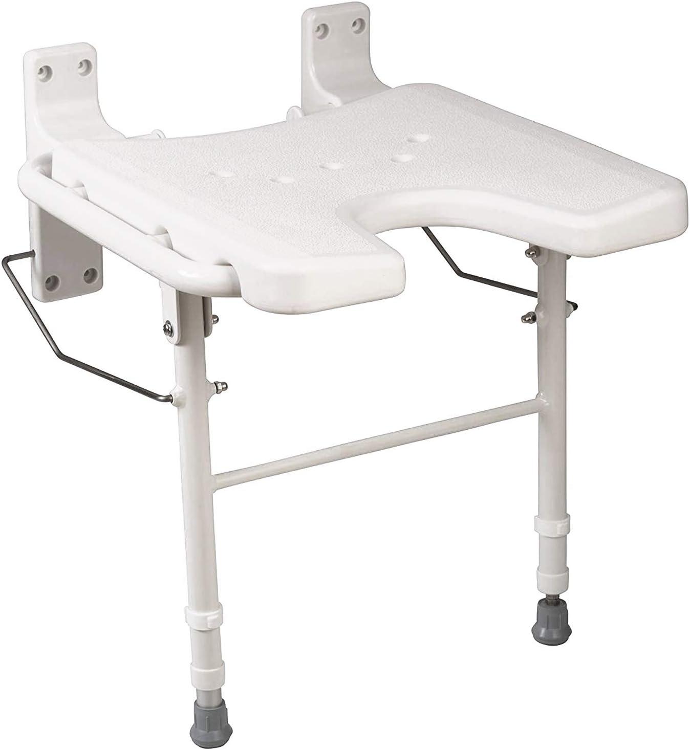 HealthSmart Wall Mount Fold Away Bath Chair Shower Seat Bench with Adjustable Legs, FSA and HSA Eligible, Seat 16 x 16 Inches, White