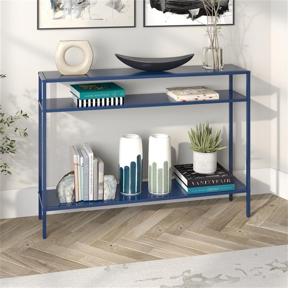 Evelyn&Zoe Ricardo 42" Wide Rectangular Console Table with Metal Shelves, Mykonos Blue