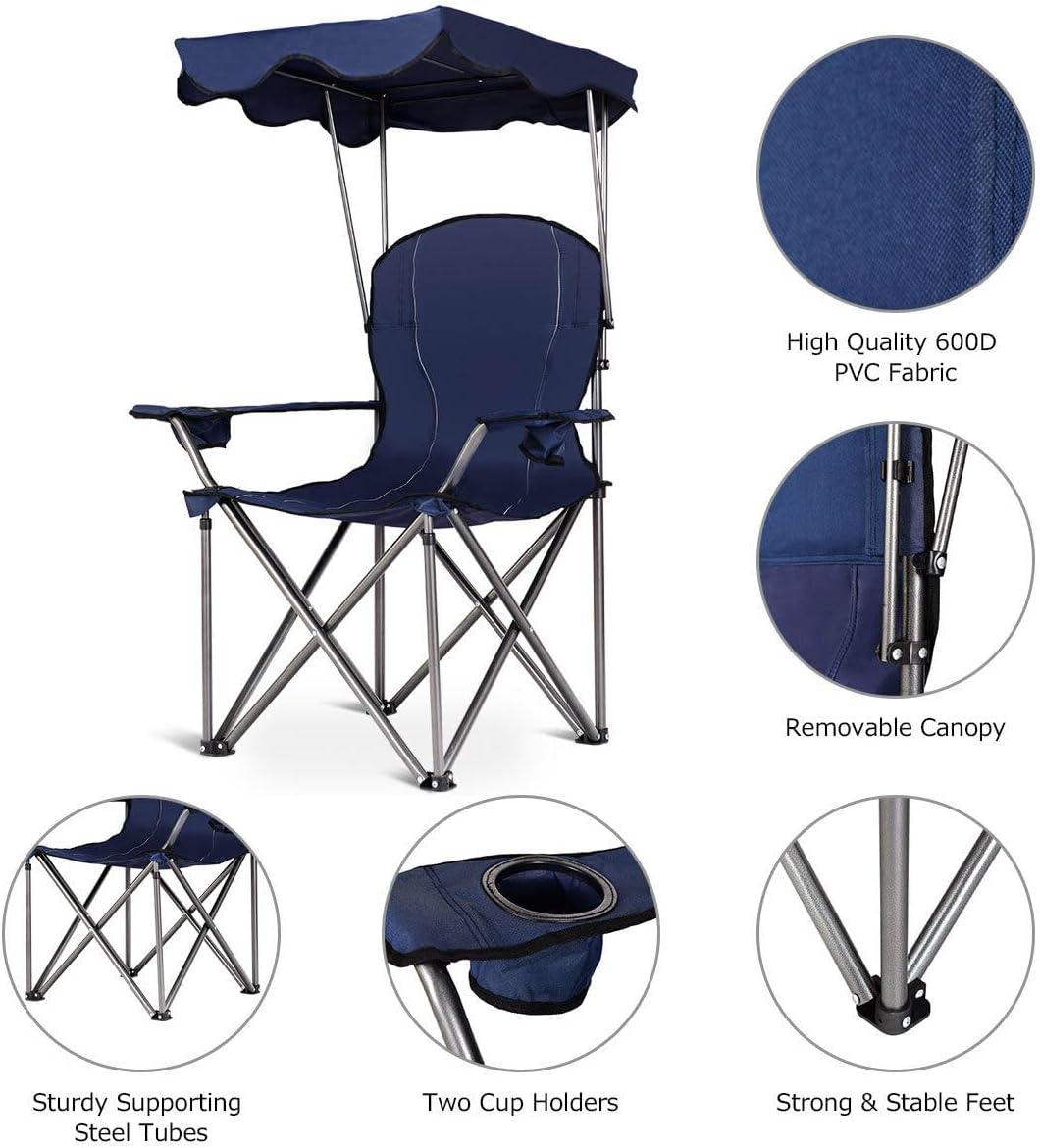 Topcobe Portable Folding Beach Canopy Chair with Cup Holders, Camping Chairs with Canopy, Blue