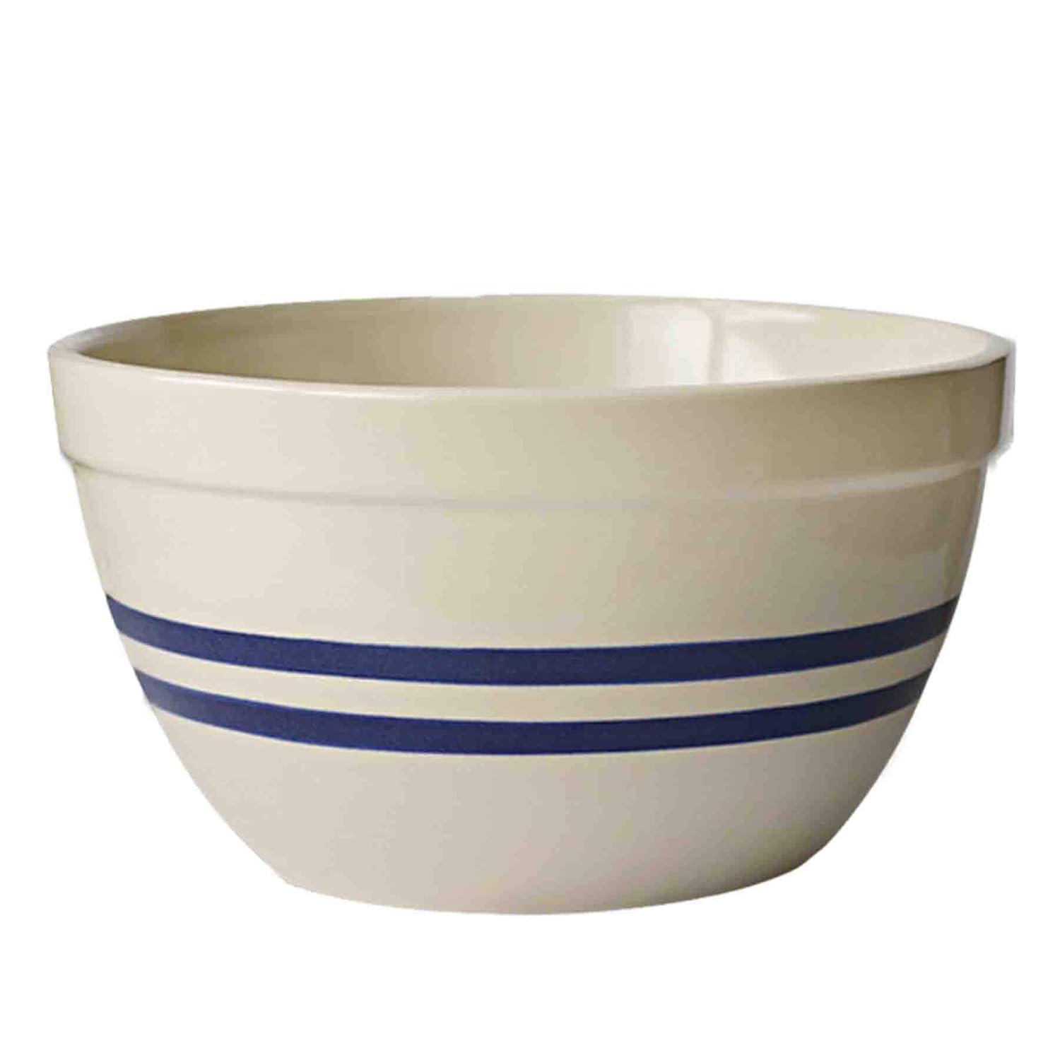 Ohio Stoneware Dominion Mixing Bowl, Stoneware with Food Safe Glaze, Tan with Blue Stripe, 12 inches