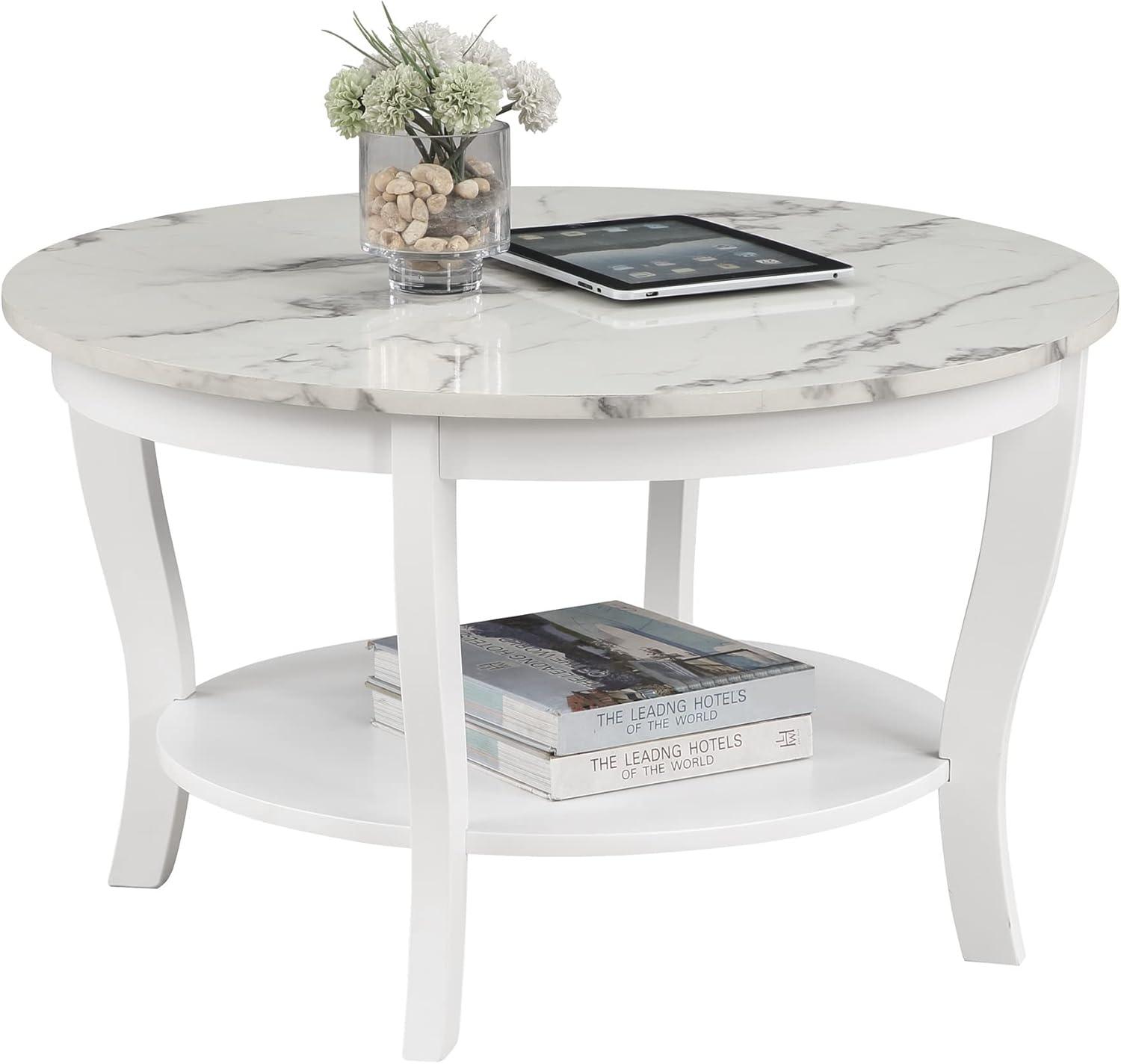 Heritage 30" Round White Faux Marble Coffee Table with Shelf